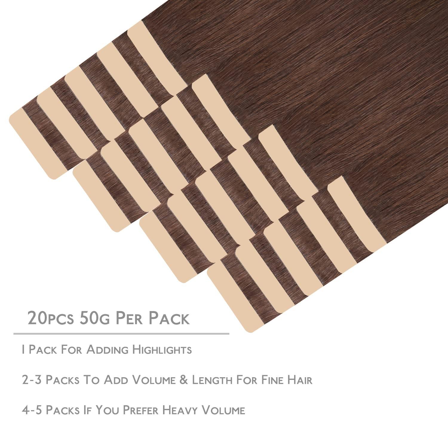 imageWENNALIFE Tape in Hair Extensions Human Hair 20pcs 50g 20 inch Chocolate Brown Remy Hair Extensions Straight Human Hair Tape in Extensions Skin Weft Tape Extensions Human Hair
