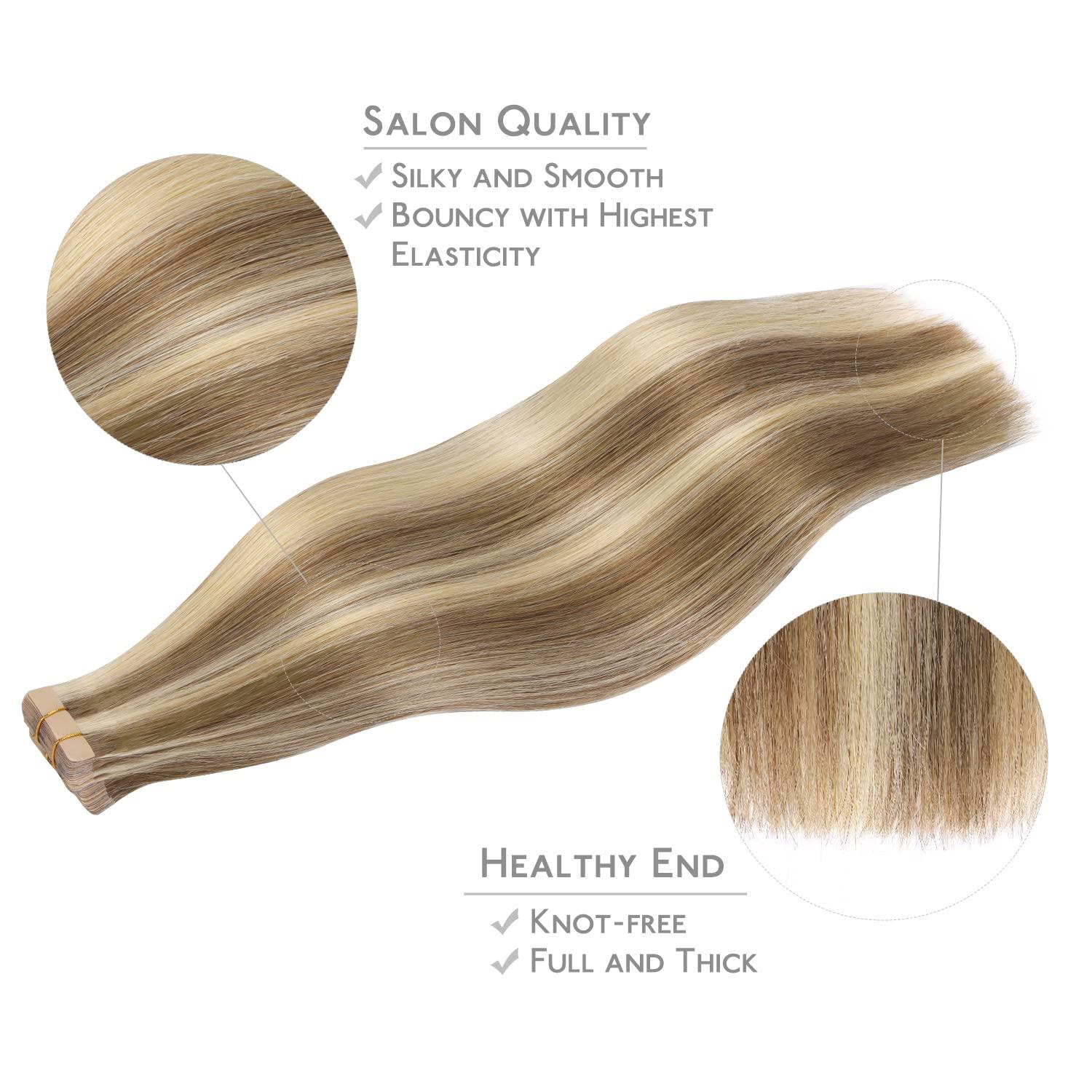 imageWENNALIFE Tape in Hair Extensions Human Hair 20pcs 50g 22 inch Ash Brown with Platinum Blonde Highlights Remy Hair Extensions Straight Human Hair Tape in Extensions Skin Weft Tape Extensions