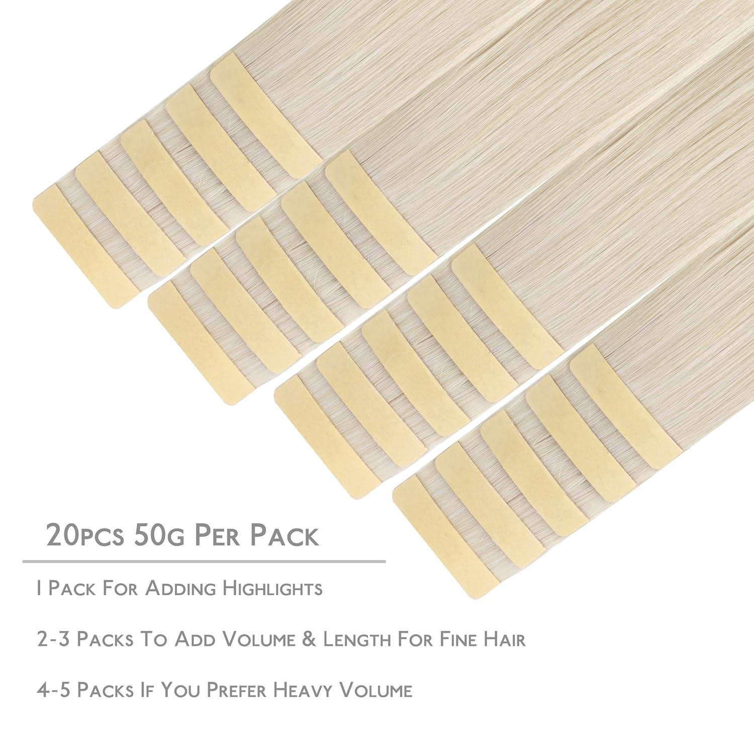 imageWENNALIFE Tape in Hair Extensions Human Hair 20pcs 50g 24 inch Platinum Blonde Remy Hair Extensions Straight Human Hair Tape in Extensions Skin Weft Tape Extensions Human Hair