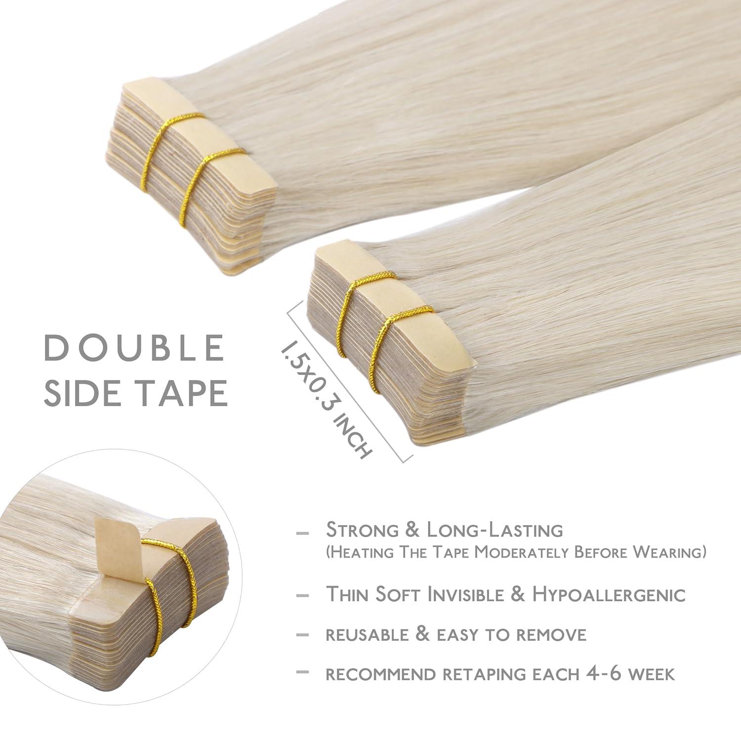 imageWENNALIFE Tape in Hair Extensions Human Hair 20pcs 50g 24 inch Platinum Blonde Remy Hair Extensions Straight Human Hair Tape in Extensions Skin Weft Tape Extensions Human Hair