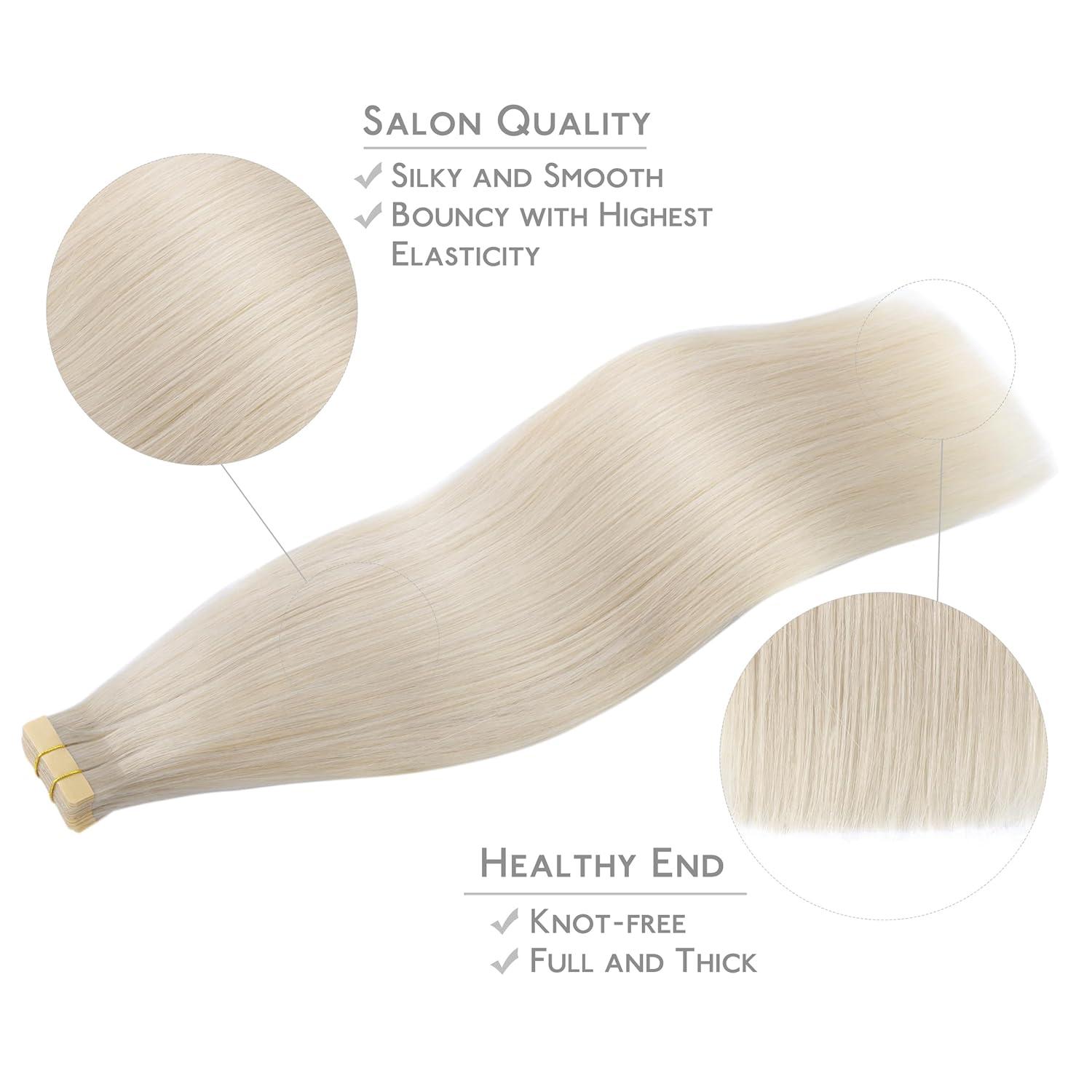 imageWENNALIFE Tape in Hair Extensions Human Hair 20pcs 50g 24 inch Platinum Blonde Remy Hair Extensions Straight Human Hair Tape in Extensions Skin Weft Tape Extensions Human Hair