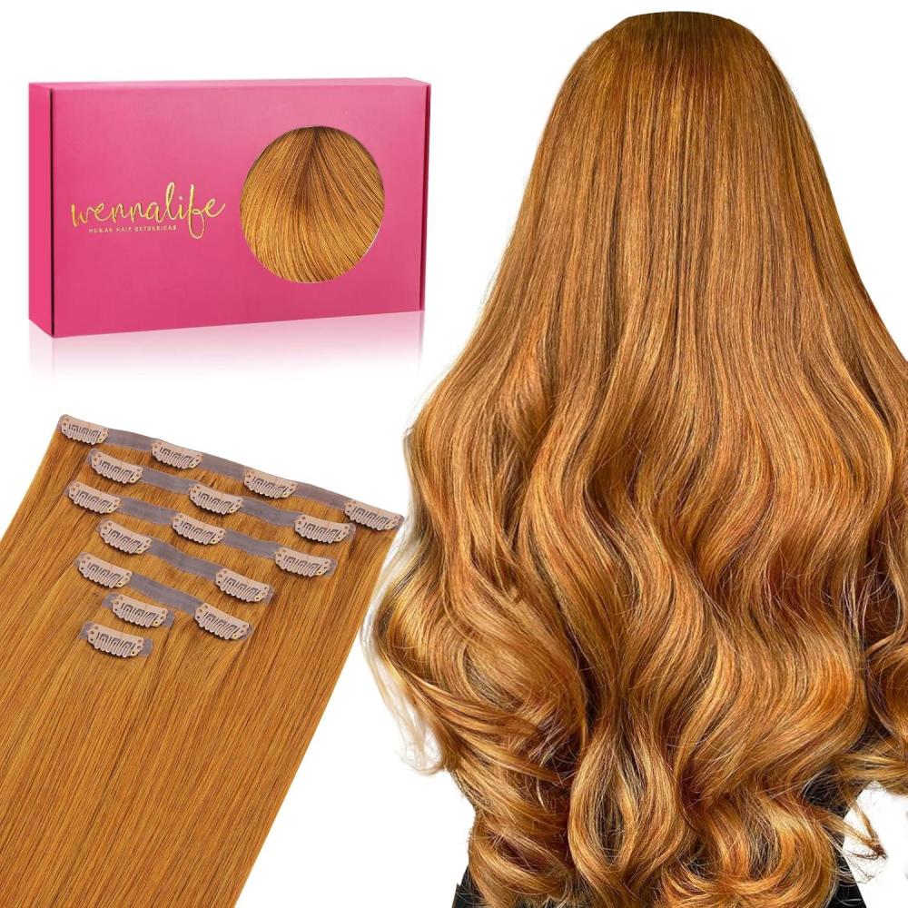 imageWENNALIFE Seamless Clip In Hair Extensions Human Hair 16 Inch 130g 7pcs Auburn Ginger Real Hair Extensions Clip in Human Hair Invisible PU Skin Weft Natural Remy Human Hair Extensions