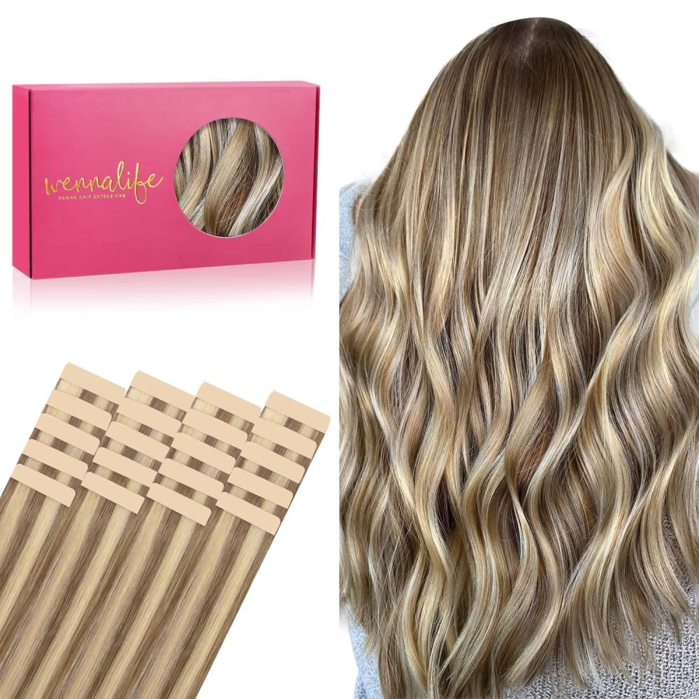 imageWENNALIFE Tape in Hair Extensions Human Hair 20pcs 50g 18 inch Ash Brown with Platinum Blonde Highlights Remy Hair Extensions Straight Human Hair Tape in Extensions Skin Weft Tape Extensions