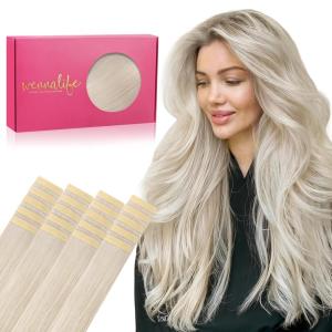 WENNALIFE Tape in Hair Extensions Human Hair, 20pcs 50g 16 inch Platinum Blonde Remy Hair Extensions Straight Human Hair Tape in Extensions Skin Weft Tape Extensions Human Hair