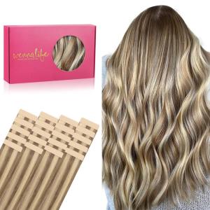 WENNALIFE Tape in Hair Extensions Human Hair, 20pcs 50g 18 inch Ash Brown with Platinum Blonde Highlights Remy Hair Extensions Straight Human Hair Tape in Extensions Skin Weft Tape Extensions