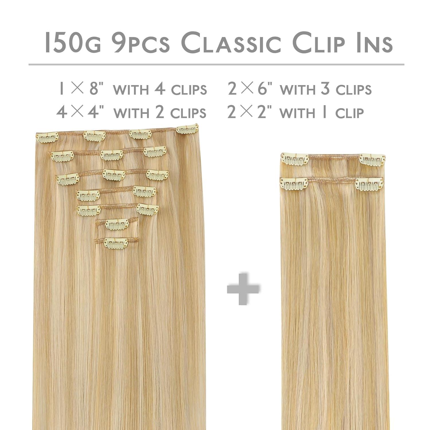 imageWENNALIFE Clip in Hair Extensions 150g 16 Inch 9pcs Light Blonde Highlighted Golden Blonde Remy Hair Thicker Double Weft Extensiones De Cabello Humano Con Clip Ins Straight Full Volume