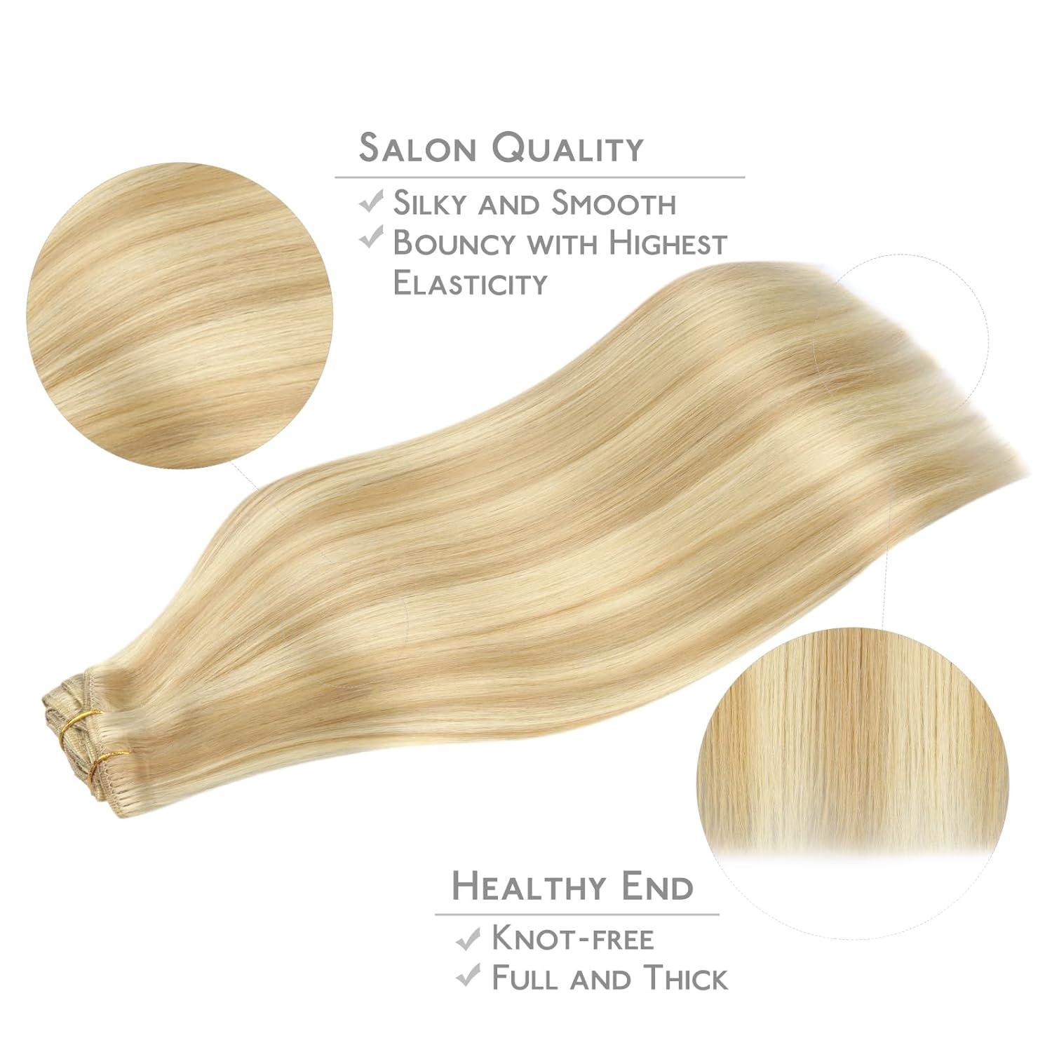 imageWENNALIFE Clip in Hair Extensions 150g 16 Inch 9pcs Light Blonde Highlighted Golden Blonde Remy Hair Thicker Double Weft Extensiones De Cabello Humano Con Clip Ins Straight Full Volume