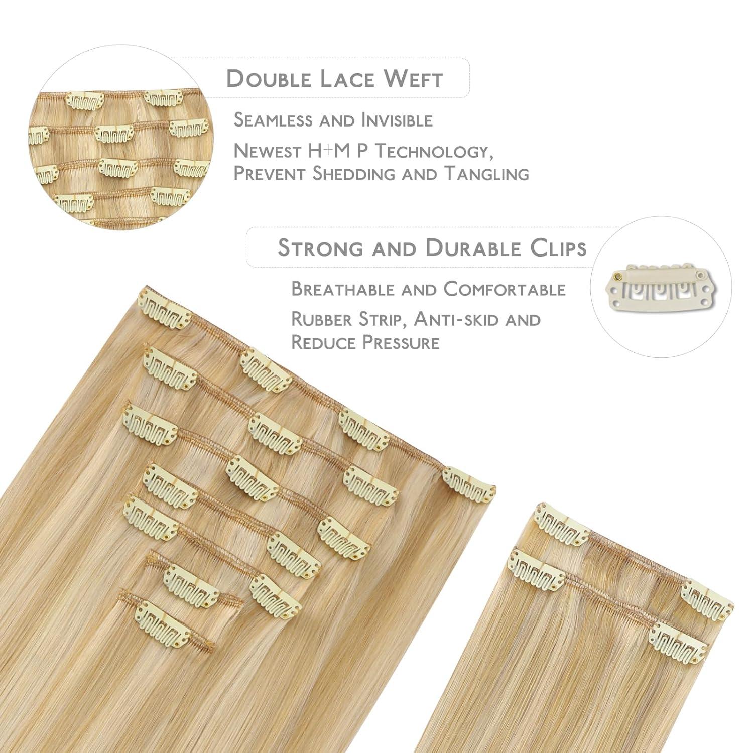 imageWENNALIFE Clip in Hair Extensions 150g 16 Inch 9pcs Light Blonde Highlighted Golden Blonde Remy Hair Thicker Double Weft Extensiones De Cabello Humano Con Clip Ins Straight Full Volume