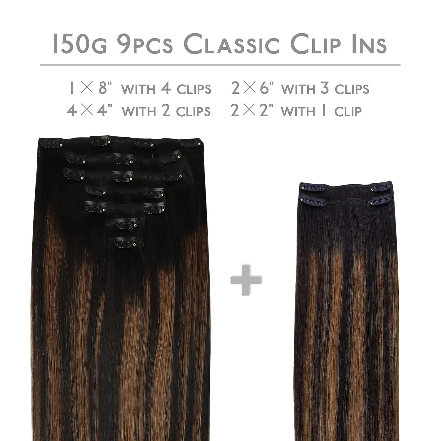 imageWENNALIFE Clip in Hair Extensions 150g 18 Inch 9pcs Balayage Natural Black to Chestnut Brown Human Hair Extensions Thicker Clip in Hair Extensions Real Human Hair Clip Set Double Weft