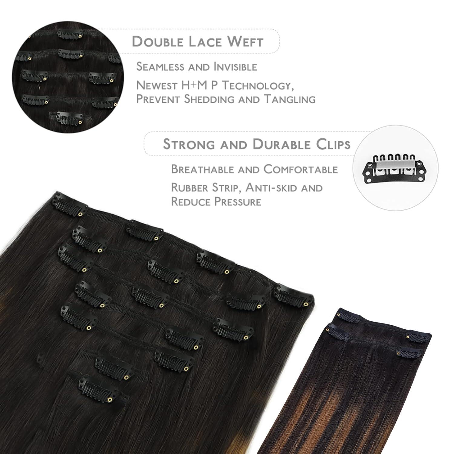 imageWENNALIFE Clip in Hair Extensions 150g 18 Inch 9pcs Balayage Natural Black to Chestnut Brown Human Hair Extensions Thicker Clip in Hair Extensions Real Human Hair Clip Set Double Weft