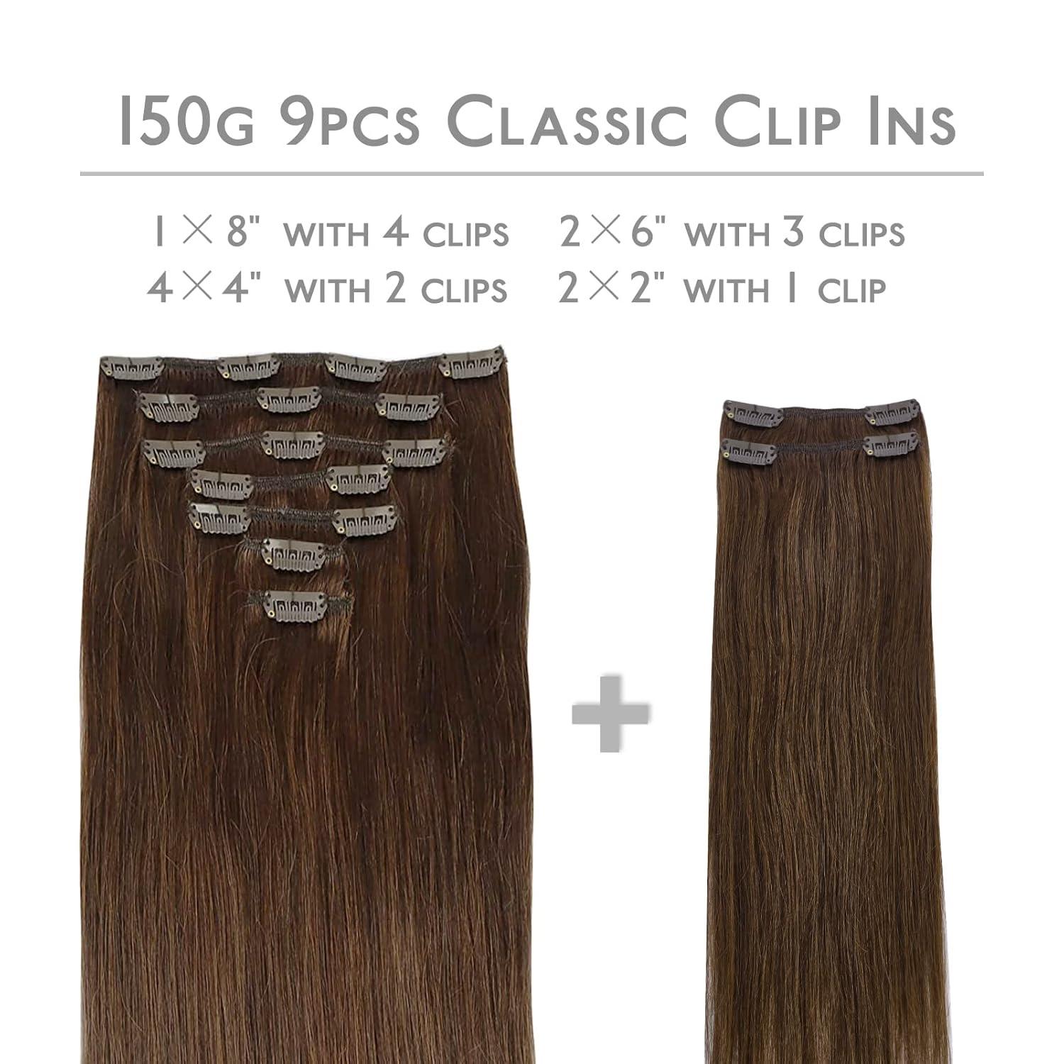 imageWENNALIFE Clip in Hair Extensions 150g 18 Inch 9pcs Chocolate Brown Human Hair Extensions Thicker Clip in Hair Extensions Real Human Hair Clip Set Double Weft