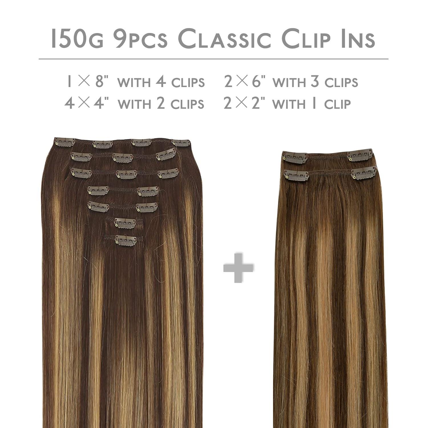 imageWENNALIFE Clip in Hair Extensions 150g 20 Inch 9pcs Balayage Chocolate Brown to Honey Blonde Remy Hair Thicker Double Weft Extensiones De Cabello Humano Con Clip Ins Straight Full Volume