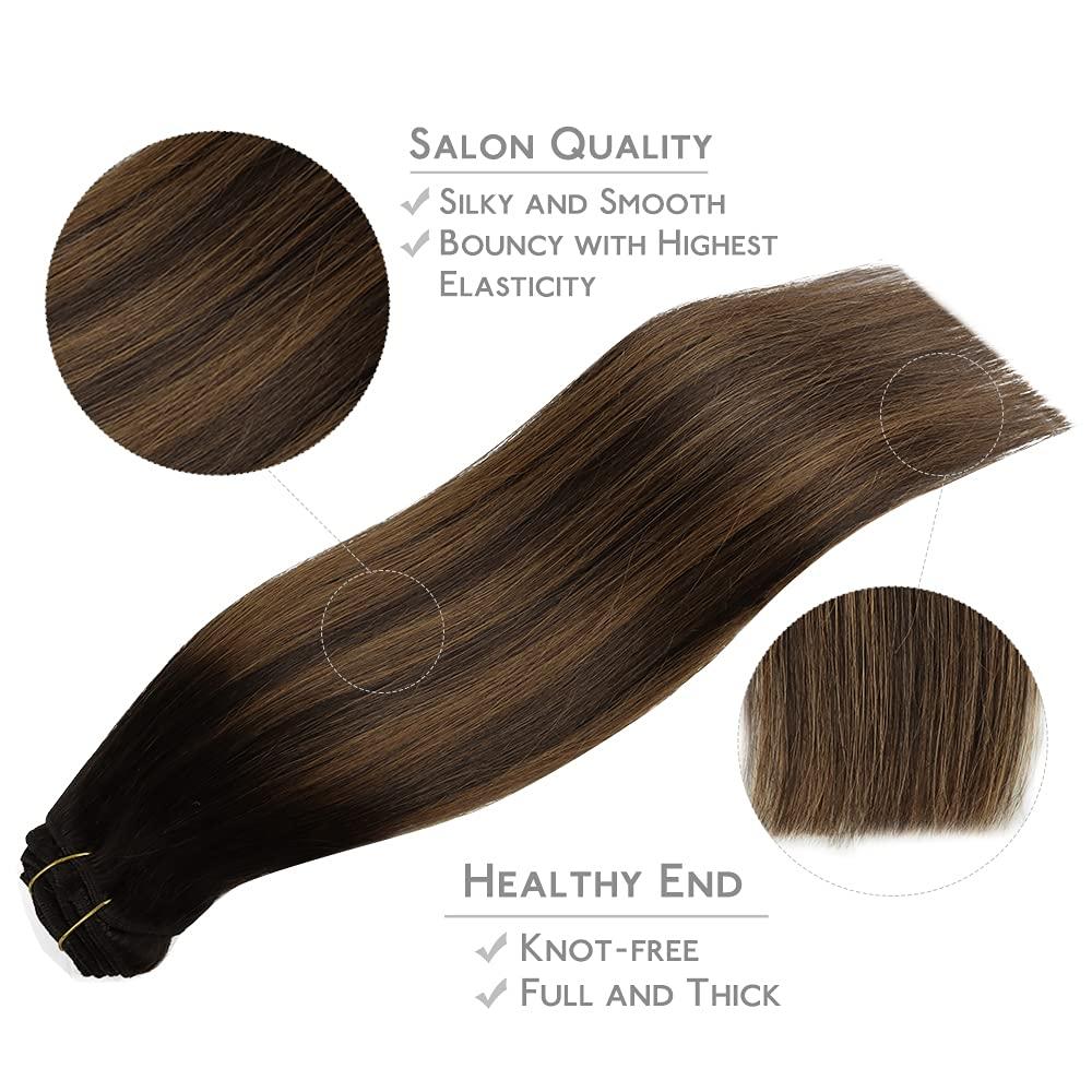 imageWENNALIFE Clip in Hair Extensions 150g 20 Inch 9pcs Balayage Dark Brown to Chestnut Brown Remy Hair Thicker Double Weft Extensiones De Cabello Humano Con Clip Ins Straight Full Volume