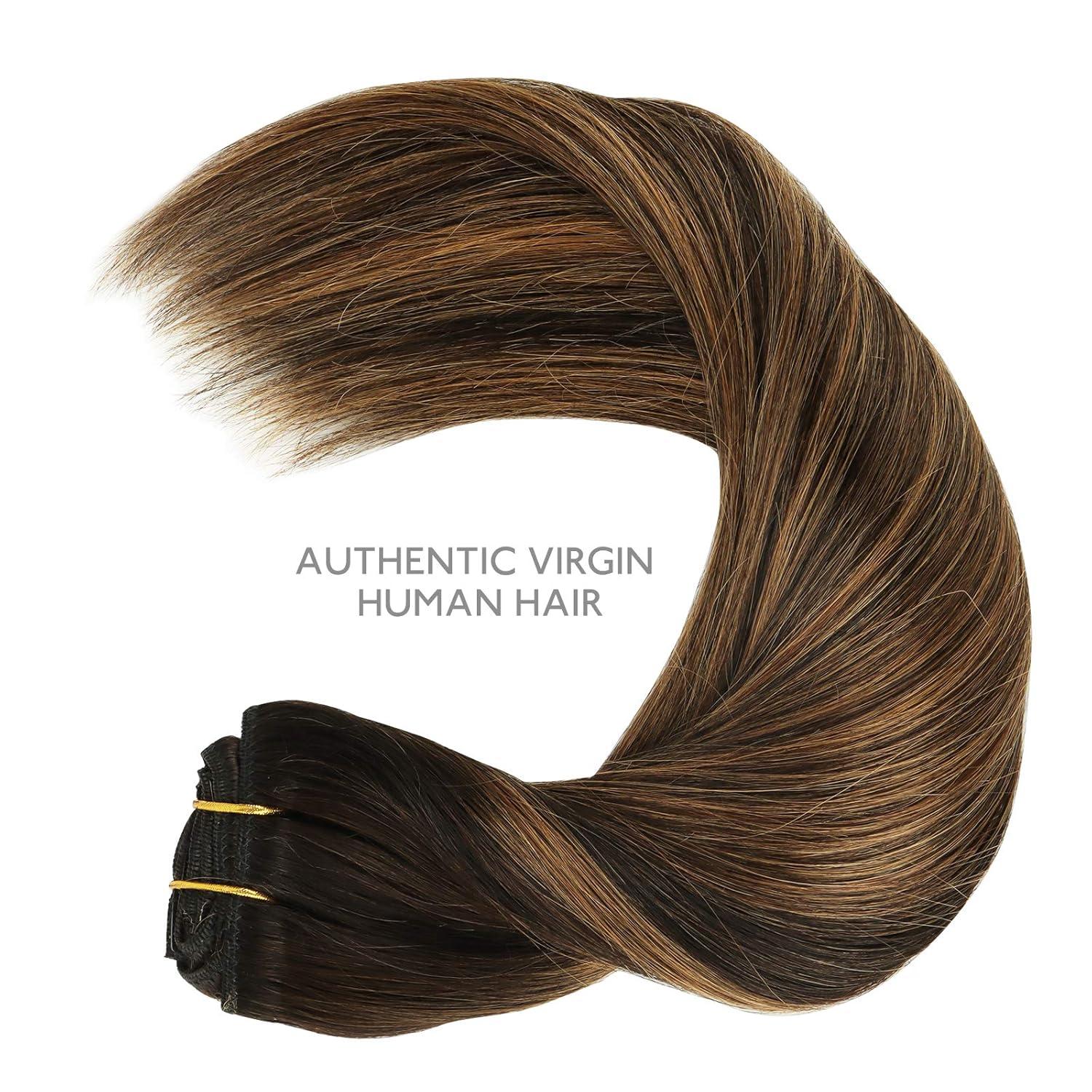 imageWENNALIFE Clip in Hair Extensions 150g 20 Inch 9pcs Balayage Natural Black to Chestnut Brown Remy Hair Thicker Double Weft Extensiones De Cabello Humano Con Clip Ins Straight Full Volume