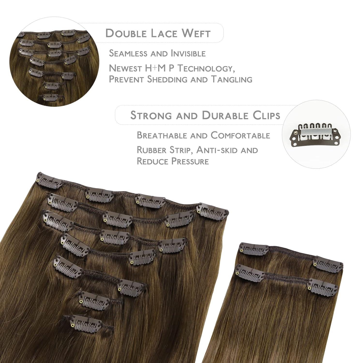 imageWENNALIFE Clip in Hair Extensions 150g 20 Inch 9pcs Ombre Walnut Brown to Ash Brown and Bleach Blonde Human Hair Extensions Thicker Clip in Hair Extensions Real Human Hair Clip Set Double Weft