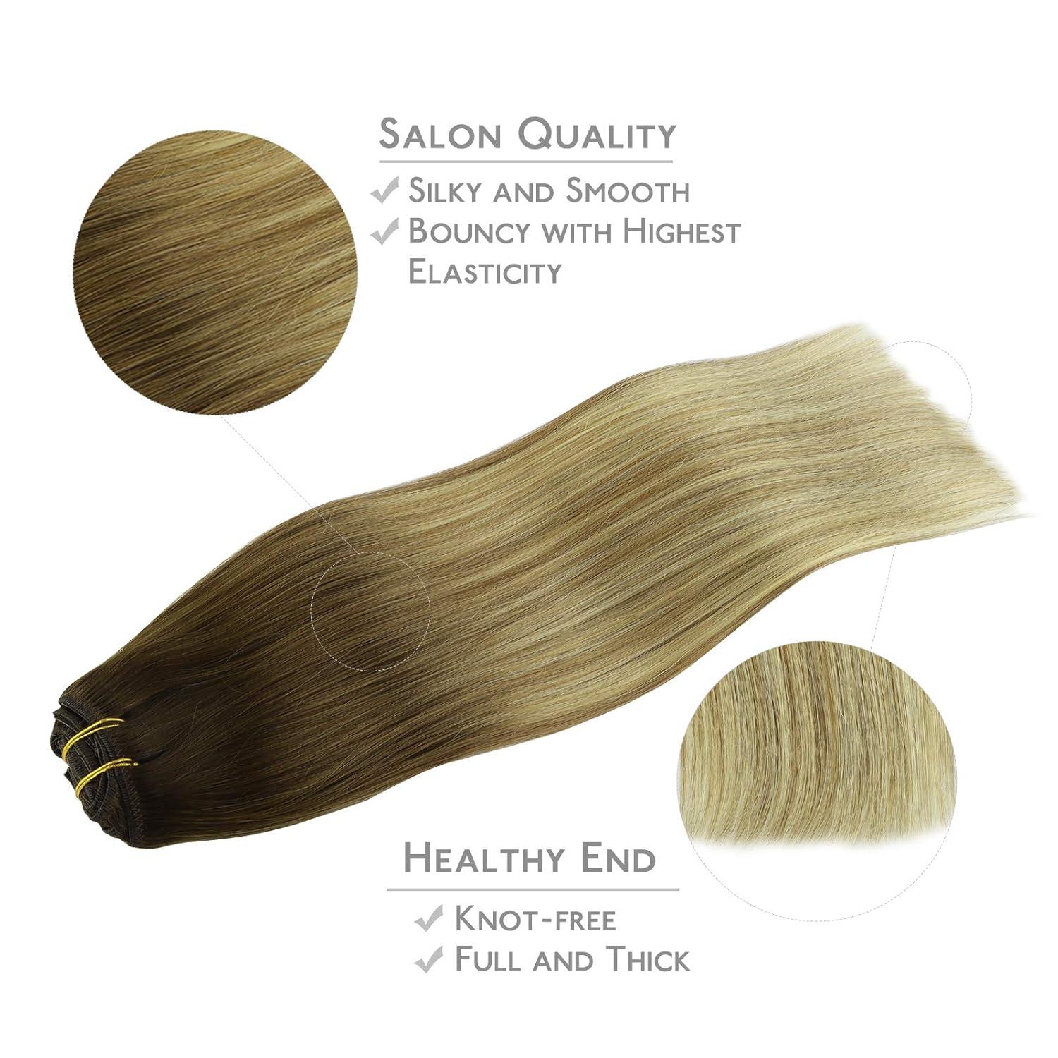imageWENNALIFE Clip in Hair Extensions 150g 20 Inch 9pcs Ombre Walnut Brown to Ash Brown and Bleach Blonde Human Hair Extensions Thicker Clip in Hair Extensions Real Human Hair Clip Set Double Weft