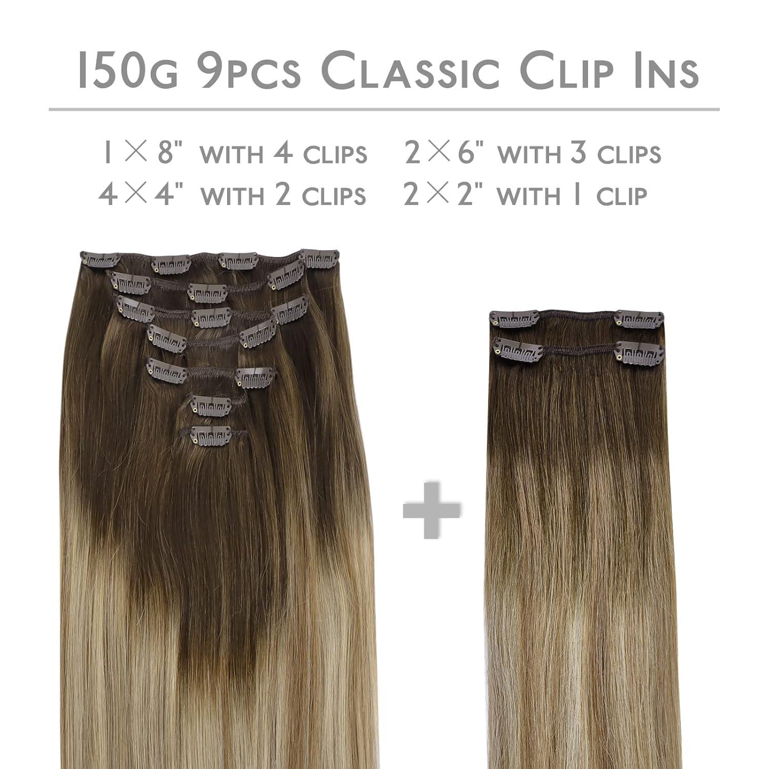 imageWENNALIFE Clip in Hair Extensions 150g 20 Inch 9pcs Ombre Walnut Brown to Ash Brown and Bleach Blonde Human Hair Extensions Thicker Clip in Hair Extensions Real Human Hair Clip Set Double Weft