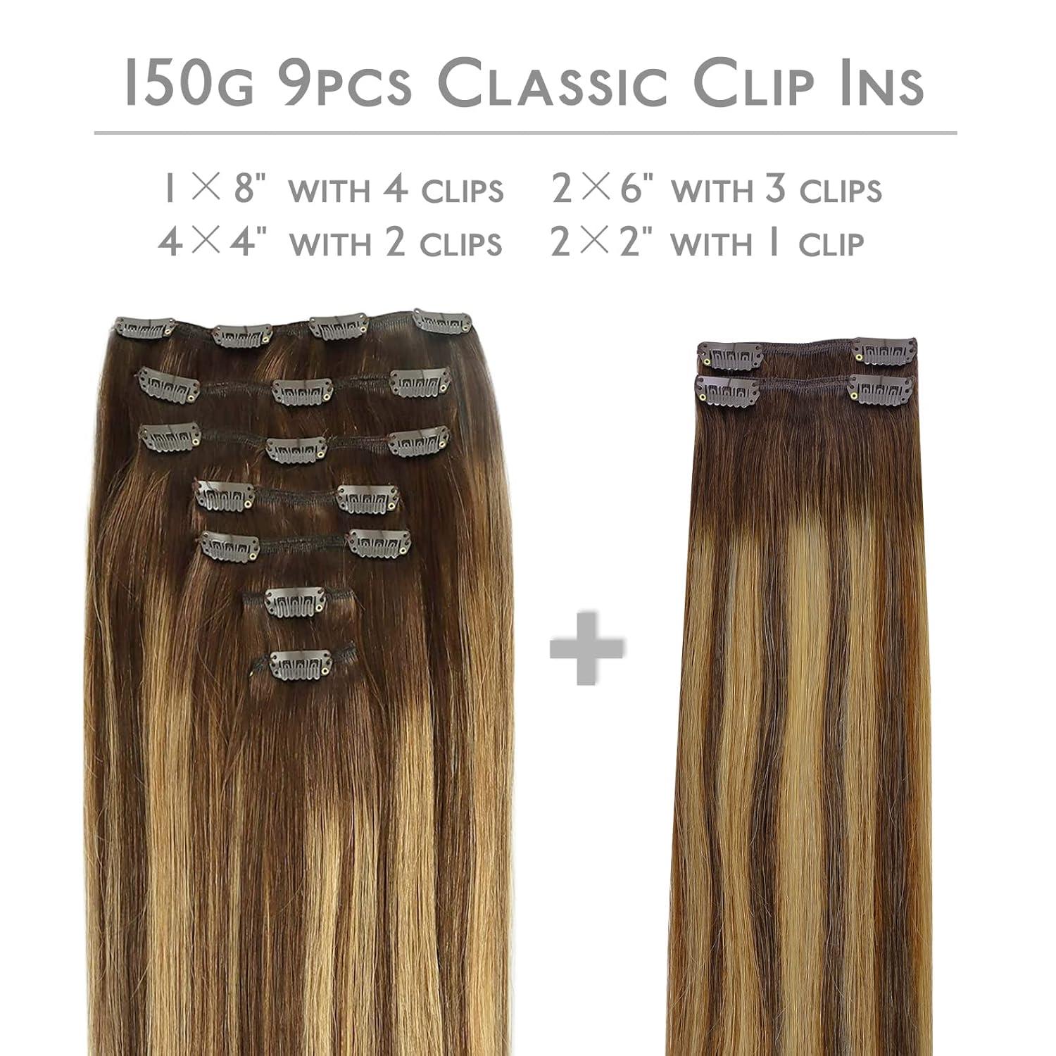imageWENNALIFE Clip in Hair Extensions 150g 22 Inch 9pcs Balayage Chocolate Brown to Caramel Blonde Human Hair Extensions Thicker Clip in Hair Extensions Real Human Hair Clip Set Double Weft