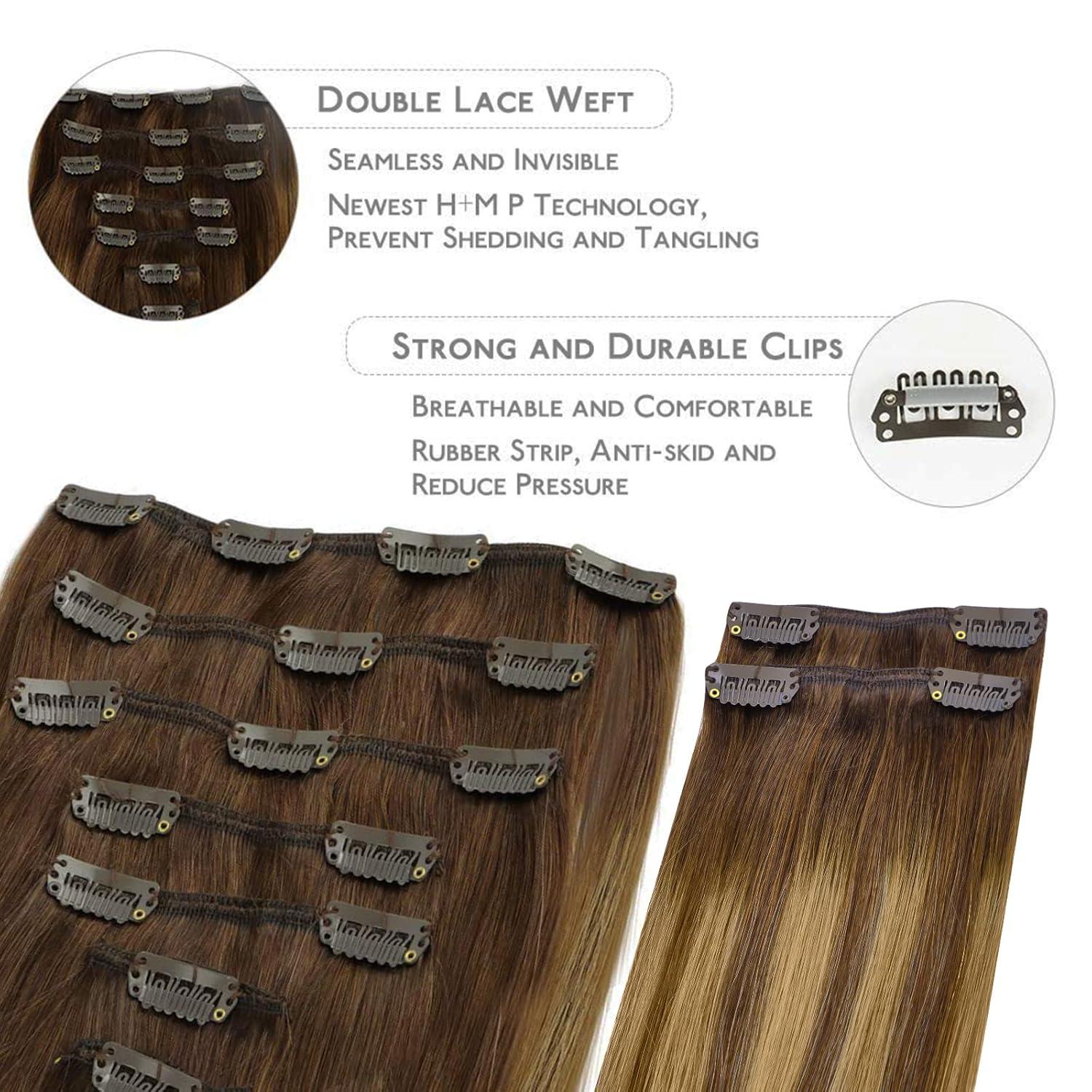 imageWENNALIFE Clip in Hair Extensions 150g 22 Inch 9pcs Balayage Chocolate Brown to Caramel Blonde Human Hair Extensions Thicker Clip in Hair Extensions Real Human Hair Clip Set Double Weft