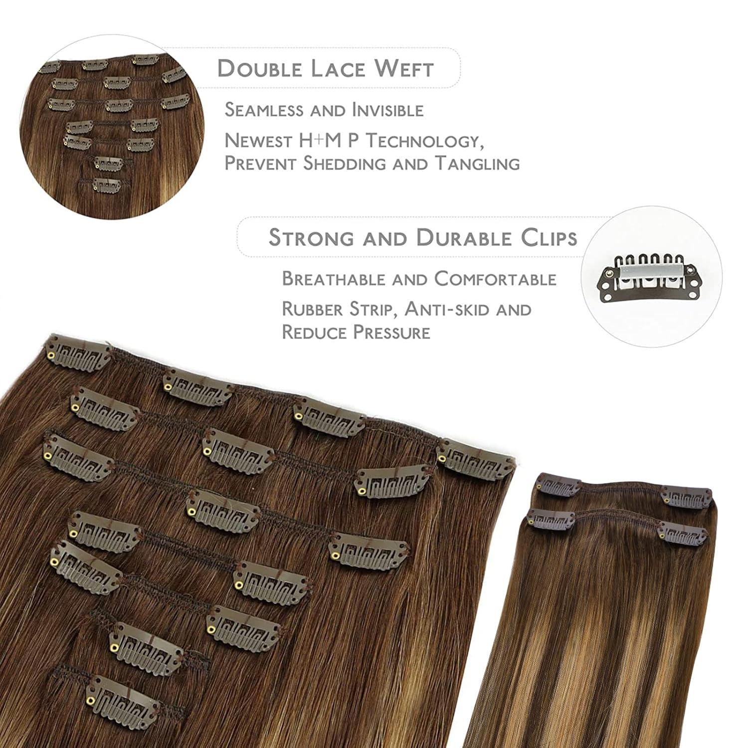 imageWENNALIFE Clip in Hair Extensions 150g 22 Inch 9pcs Balayage Chocolate Brown to Honey Blonde Human Hair Extensions Thicker Clip in Hair Extensions Real Human Hair Clip Set Double Weft