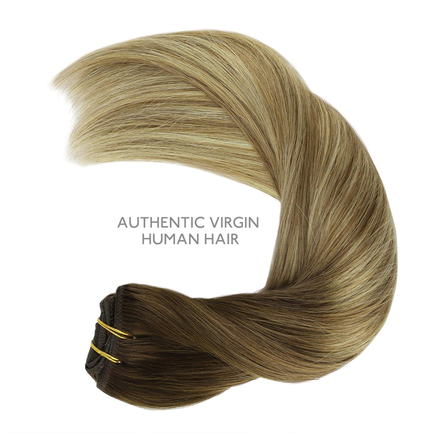 imageWENNALIFE Clip in Hair Extensions 150g 22 Inch 9pcs Ombre Walnut Brown to Ash Brown and Bleach Blonde Human Hair Extensions Thicker Clip in Hair Extensions Real Human Hair Clip Set Double Weft