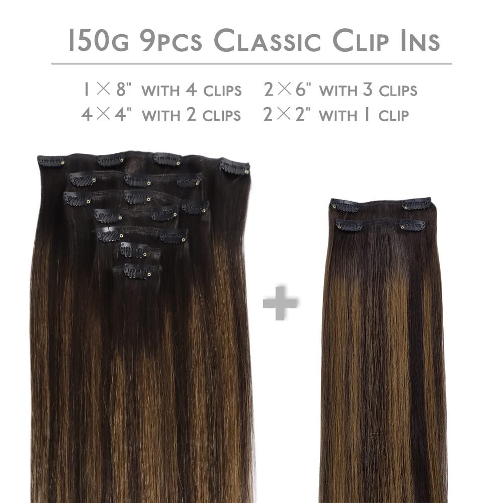 imageWENNALIFE Clip in Hair Extensions 150g 24 Inch 9pcs Balayage Dark Brown to Chestnut Brown Remy Hair Thicker Double Weft Extensiones De Cabello Humano Con Clip Ins Straight Full Volume