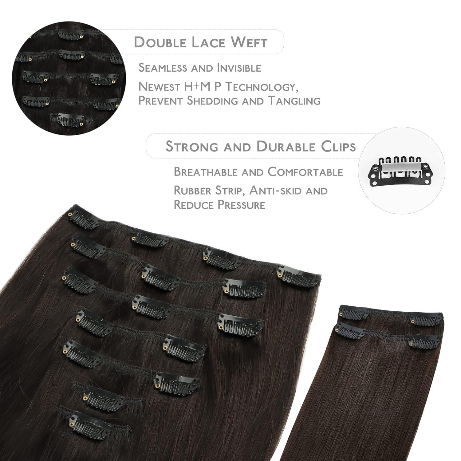 imageWENNALIFE Clip in Hair Extensions 150g 24 Inch 9pcs Dark Brown Human Hair Extensions Thicker Clip in Hair Extensions Real Human Hair Clip Set Double Weft