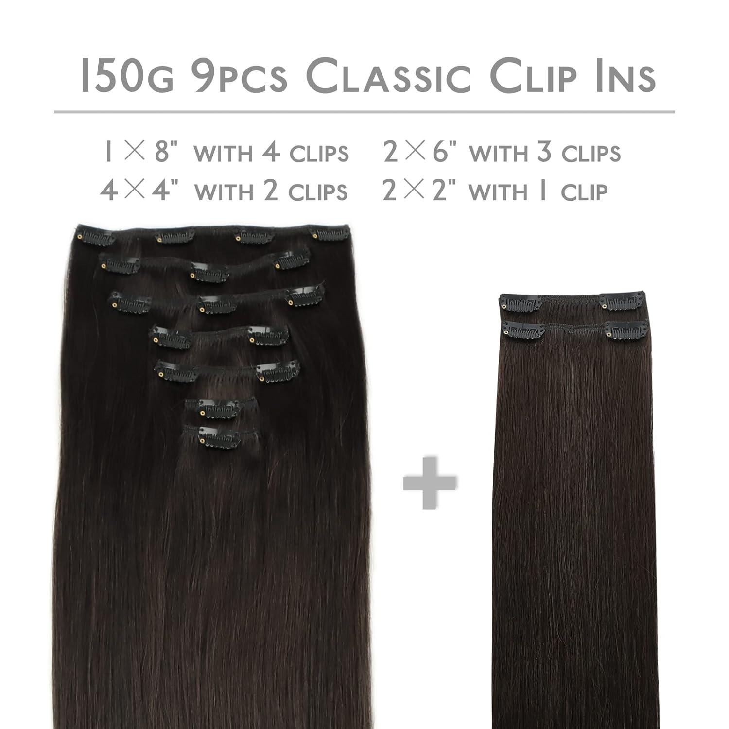imageWENNALIFE Clip in Hair Extensions 150g 24 Inch 9pcs Dark Brown Human Hair Extensions Thicker Clip in Hair Extensions Real Human Hair Clip Set Double Weft