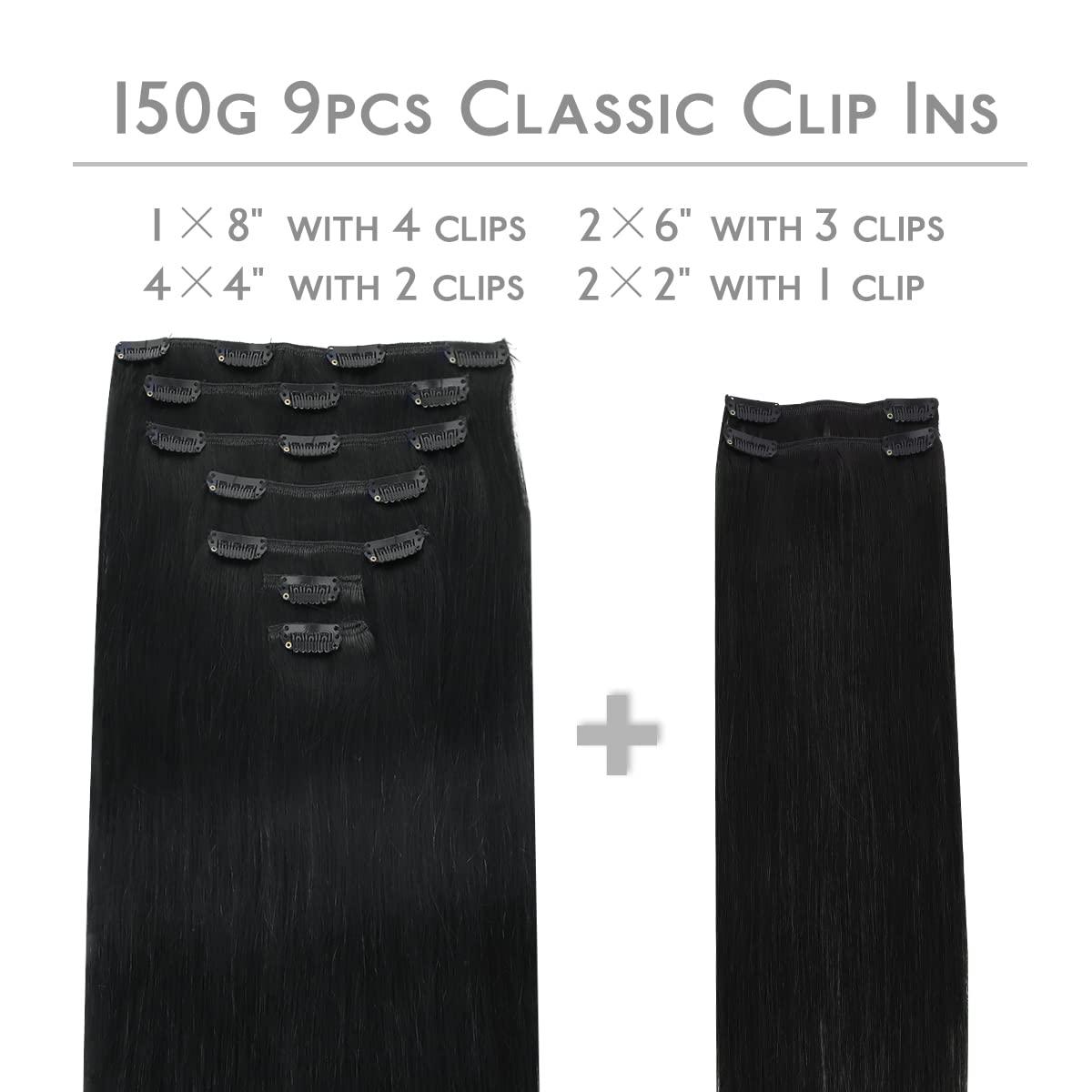 imageWENNALIFE Clip in Hair Extensions 150g 24 Inch 9pcs Jet Black Remy Hair Thicker Double Weft Extensiones De Cabello Humano Con Clip Ins Straight Full Volume
