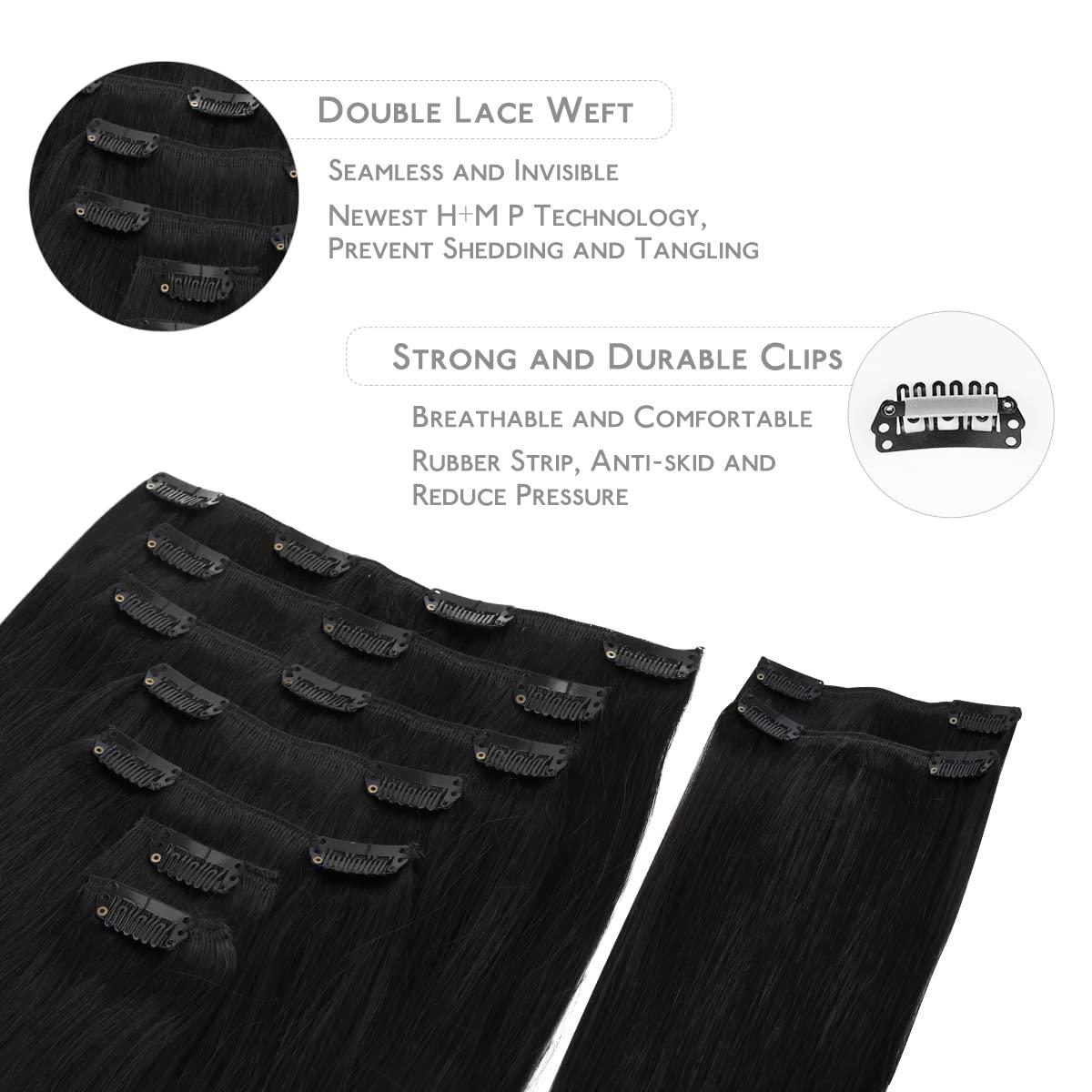 imageWENNALIFE Clip in Hair Extensions 150g 24 Inch 9pcs Jet Black Remy Hair Thicker Double Weft Extensiones De Cabello Humano Con Clip Ins Straight Full Volume
