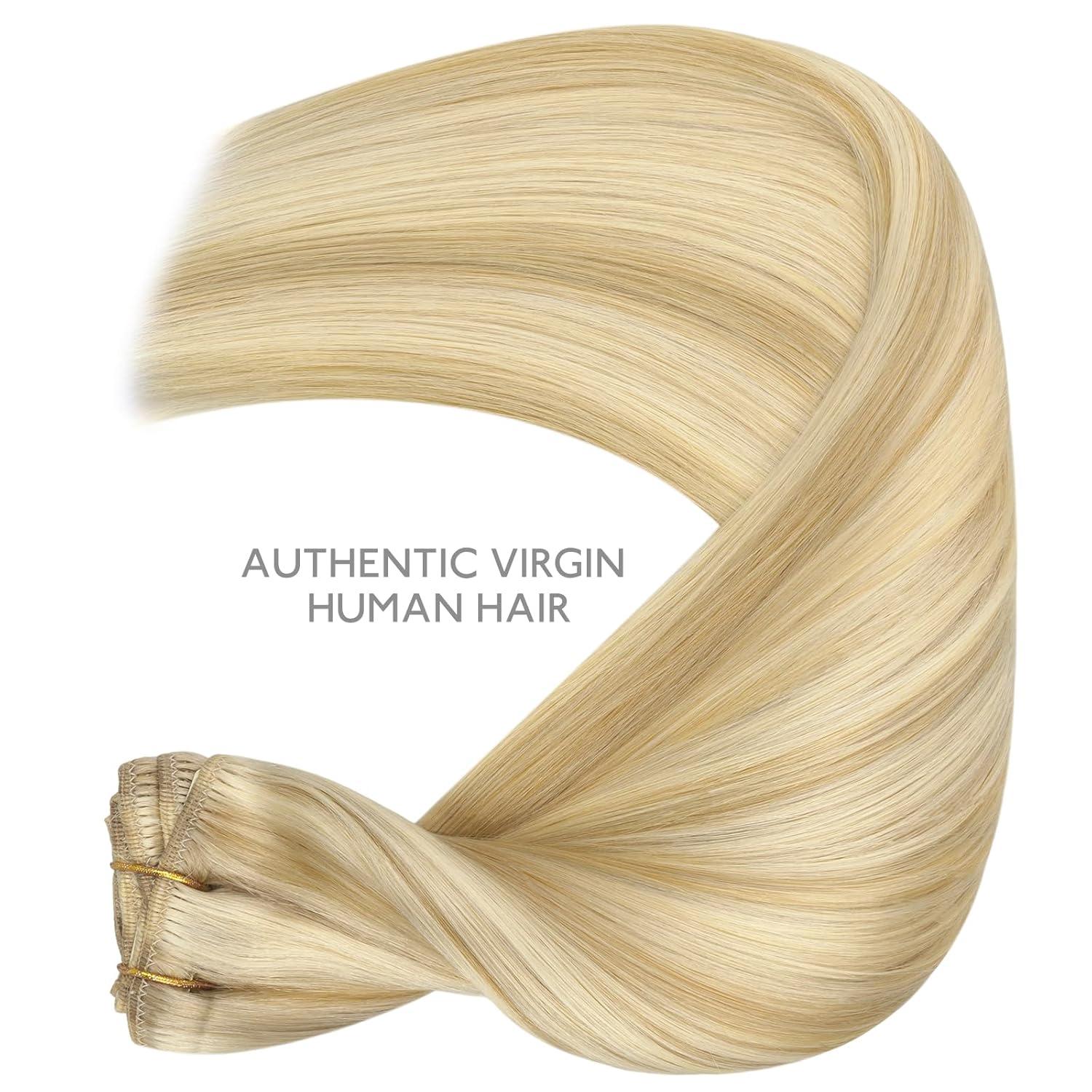 imageWENNALIFE Clip in Hair Extensions 150g 24 Inch 9pcs Light Blonde Highlighted Golden Blonde Human Hair Extensions Thicker Real Human Hair Clip Set Double Weft