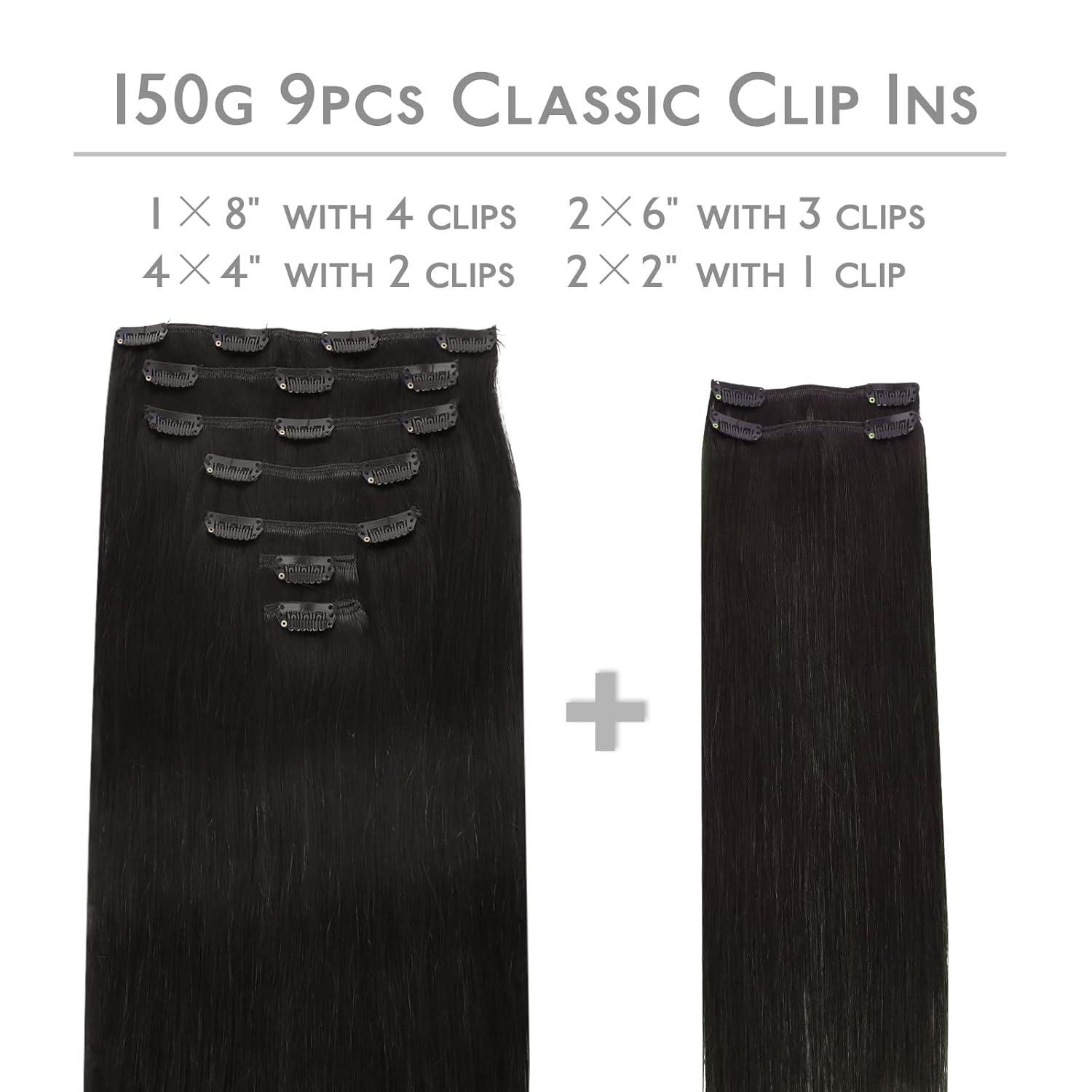 imageWENNALIFE Clip in Hair Extensions 150g 24 Inch 9pcs Natural Black Remy Hair Thicker Double Weft Extensiones De Cabello Humano Con Clip Ins Straight Full Volume