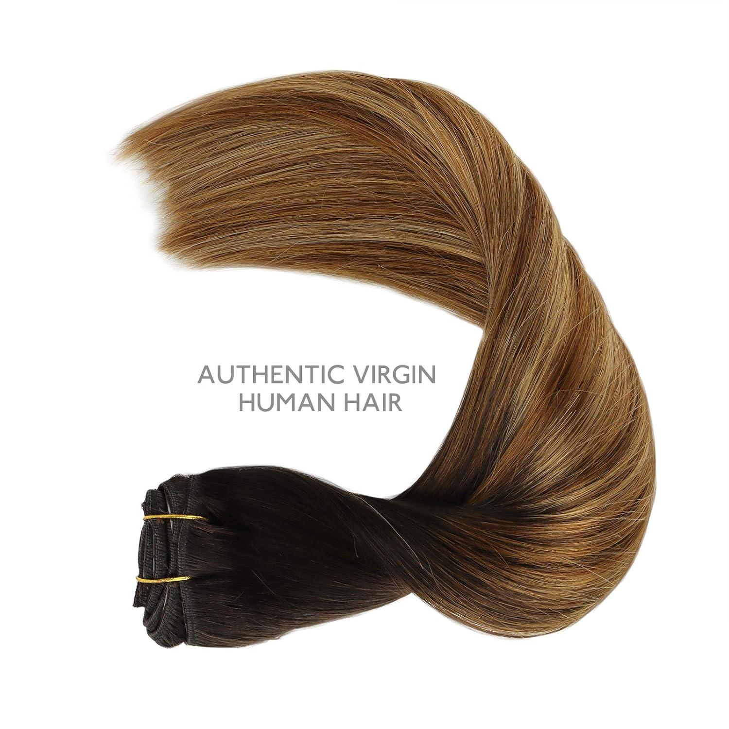 imageWENNALIFE Clip in Hair Extensions Real Human Hair 14 Inch 120g 7pcs Dark Brown to Chestnut Brown and Dirty Blonde Highlighted Clip In Human Hair Remy Clip in Hair Extensions Double Weft