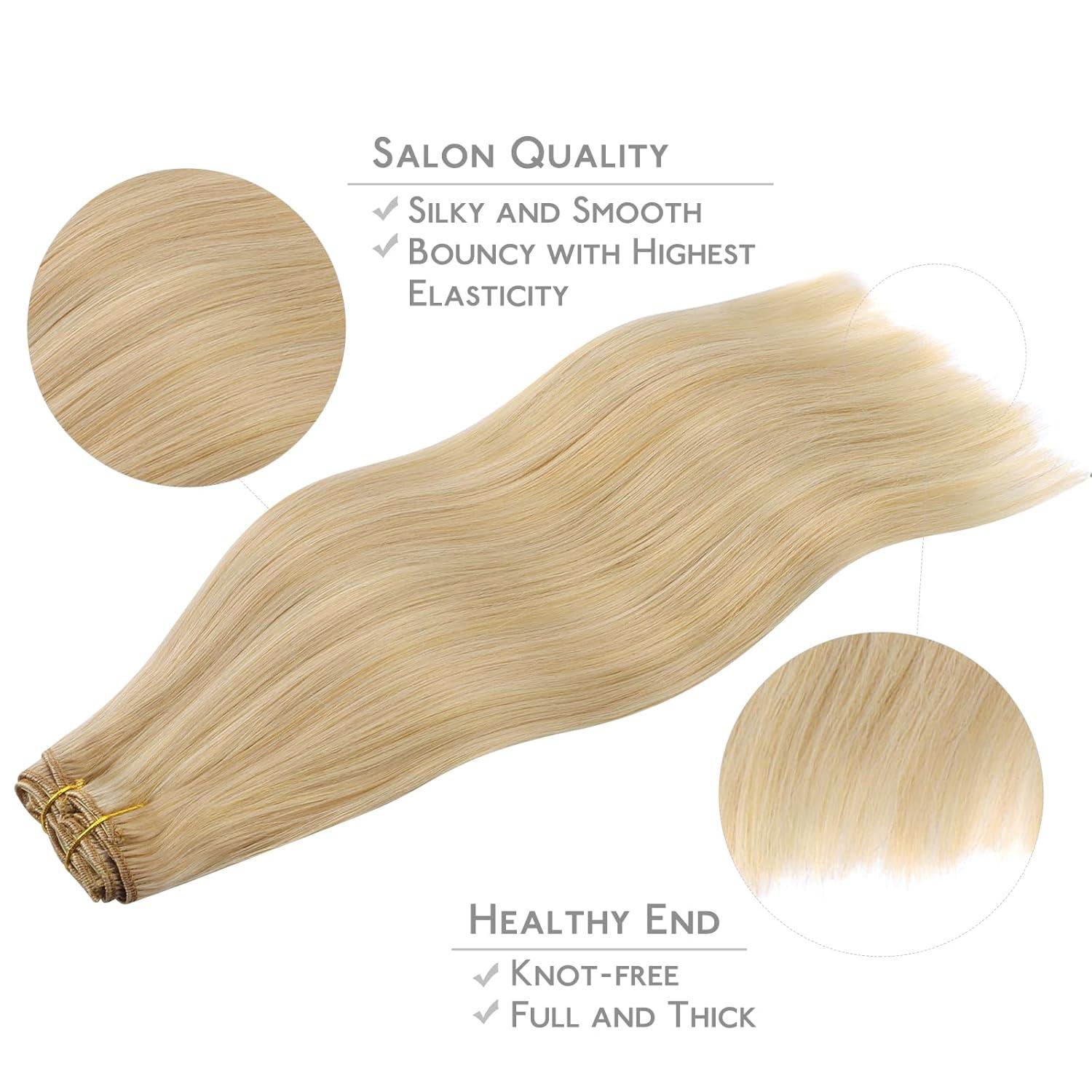 imageWENNALIFE Clip in Human Hair Extensions 20 Inch 120g 7pcs Light Blonde Highlighted Golden Blonde Hair Extensions Clip In Human Hair Remy Real Human Hair Double Weft