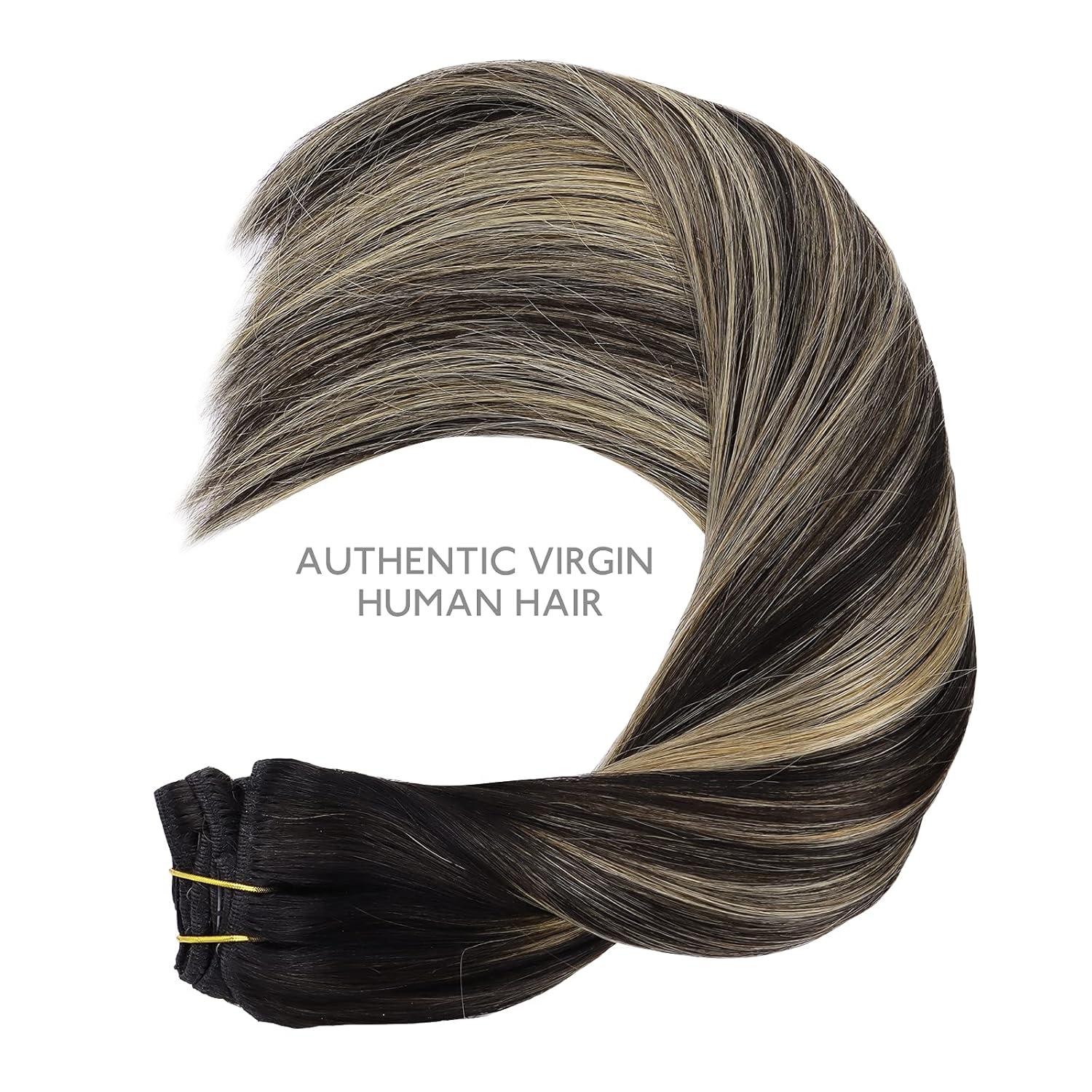 imageWENNALIFE Clip in Human Hair Extensions 22 Inch 120g 7pcs Balayage Natural Black to Light Blonde Hair Extensions Real Human Hair Remy Double Weft
