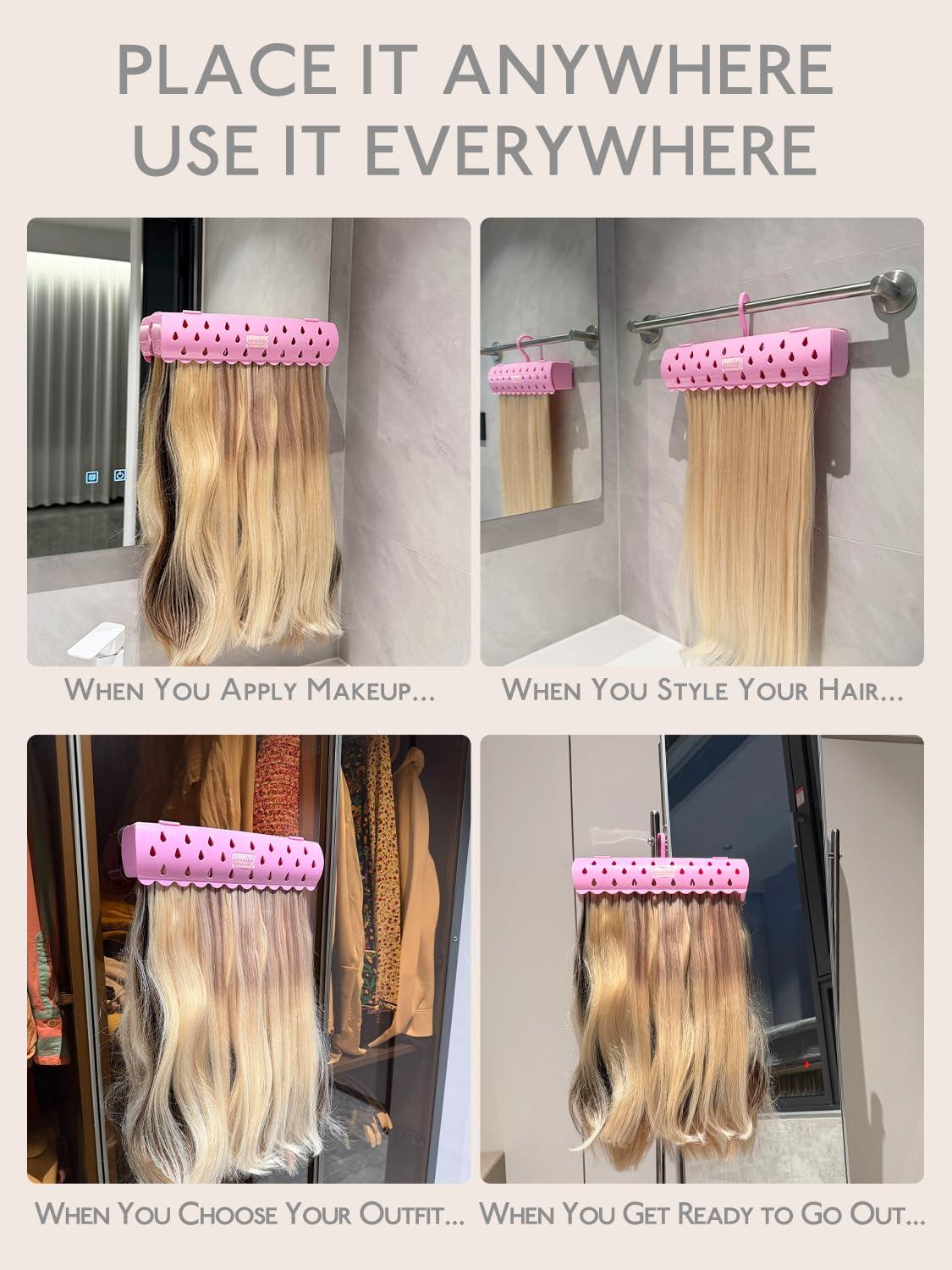 imageWENNALIFE Hair Extension Holder Hair Extension Storage for Clip in Hair Extensions Tape ins Tips Braiding Hair Rack for Styling Washing Traveling Storing Hair Pink ABS Material Sturdy Organizer