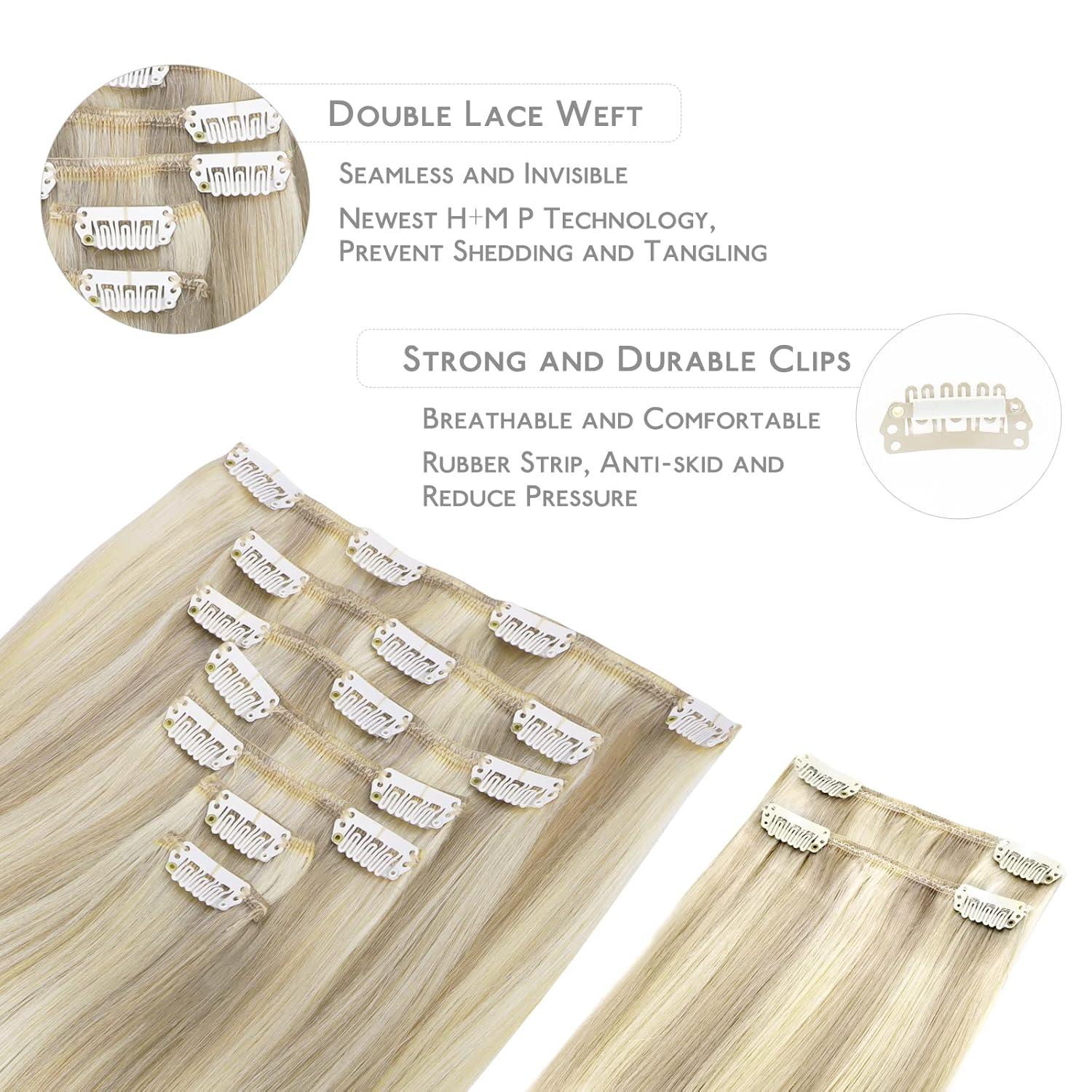 imageWENNALIFE Hair Extensions Clip In 9pcs 14inch 150g Ash Blonde Highlighted Platinum Blonde Thicker Clip In Hair Extensions Real Human Hair Remy hair extension Double Weft Clip in Human Hair Extensions