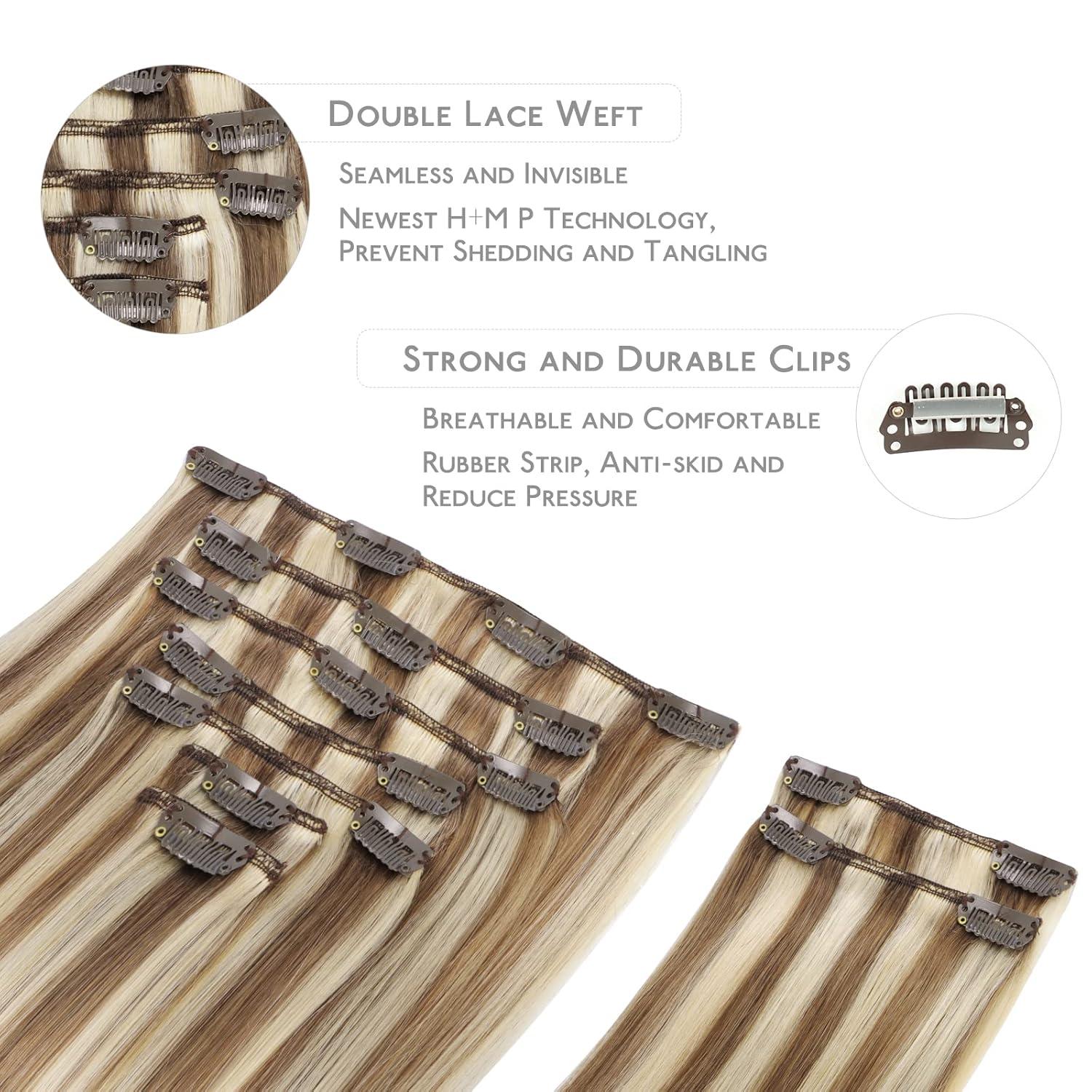 imageWENNALIFE Hair Extensions Clip In 9pcs 14inch 150g Ash Brown Highlighted Golden Blonde Thicker Clip In Hair Extensions Real Human Hair Remy hair extension Double Weft Clip in Human Hair Extensions
