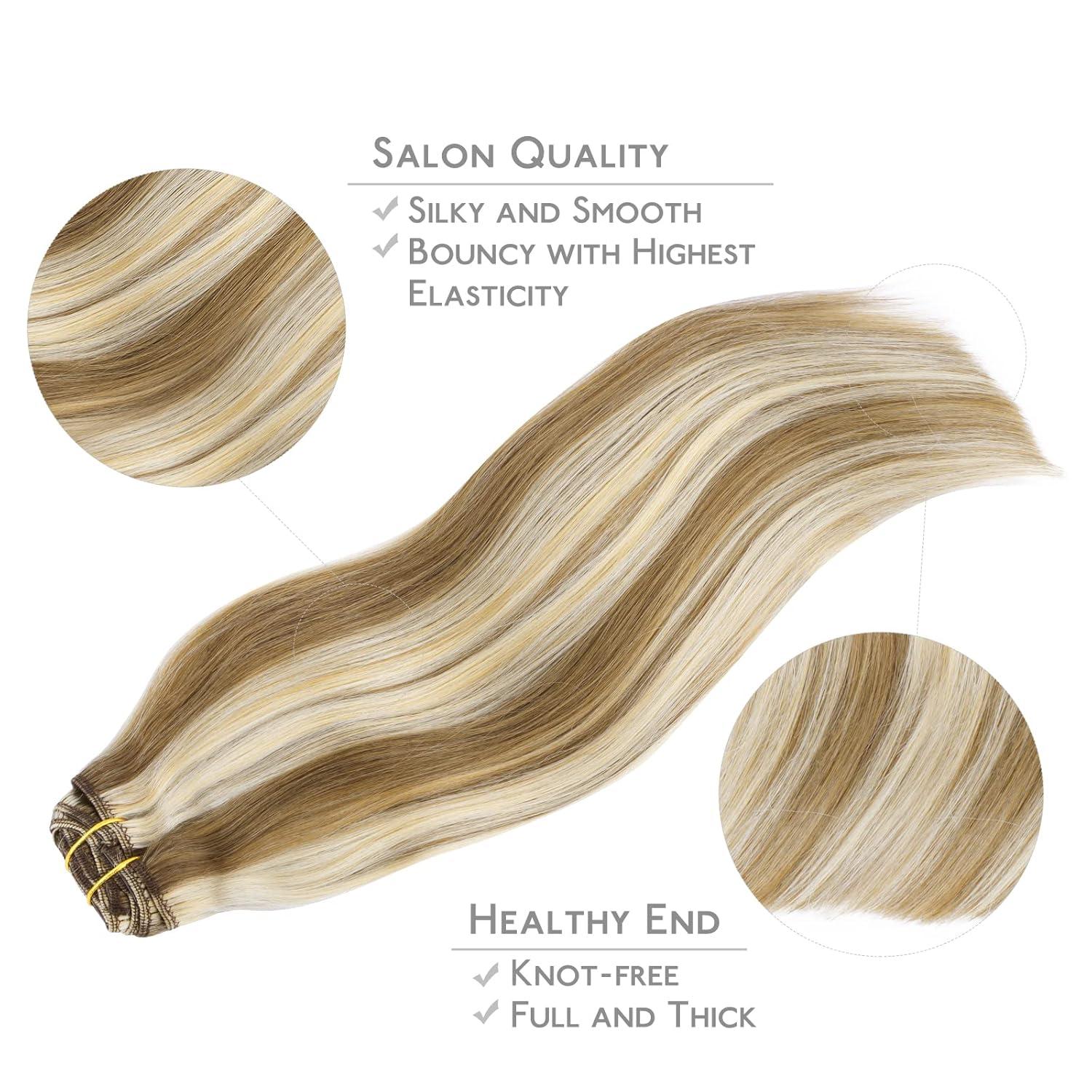 imageWENNALIFE Hair Extensions Clip In 9pcs 14inch 150g Ash Brown Highlighted Golden Blonde Thicker Clip In Hair Extensions Real Human Hair Remy hair extension Double Weft Clip in Human Hair Extensions