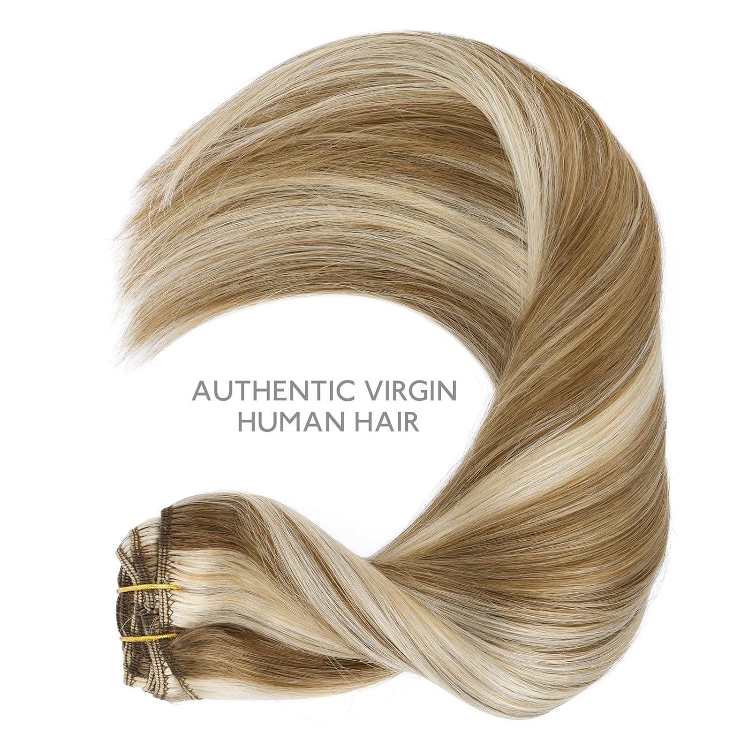 imageWENNALIFE Hair Extensions Clip In 9pcs 18inch 150g Ash Brown Highlighted Golden Blonde Thicker Clip In Hair Extensions Real Human Hair Remy hair extension Double Weft Clip in Human Hair Extensions