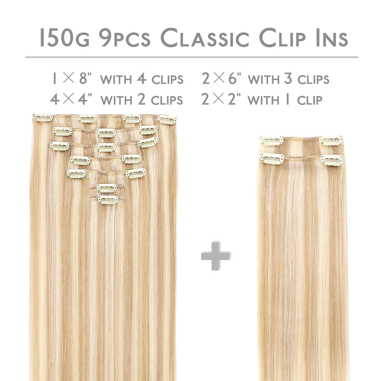 imageWENNALIFE Hair Extensions Clip In 9pcs 20inch 150g Dirty Blonde Highlighted Bleach Blonde Thicker Clip In Hair Extensions Real Human Hair Remy hair extension Double Weft Clip in Human Hair Extensions