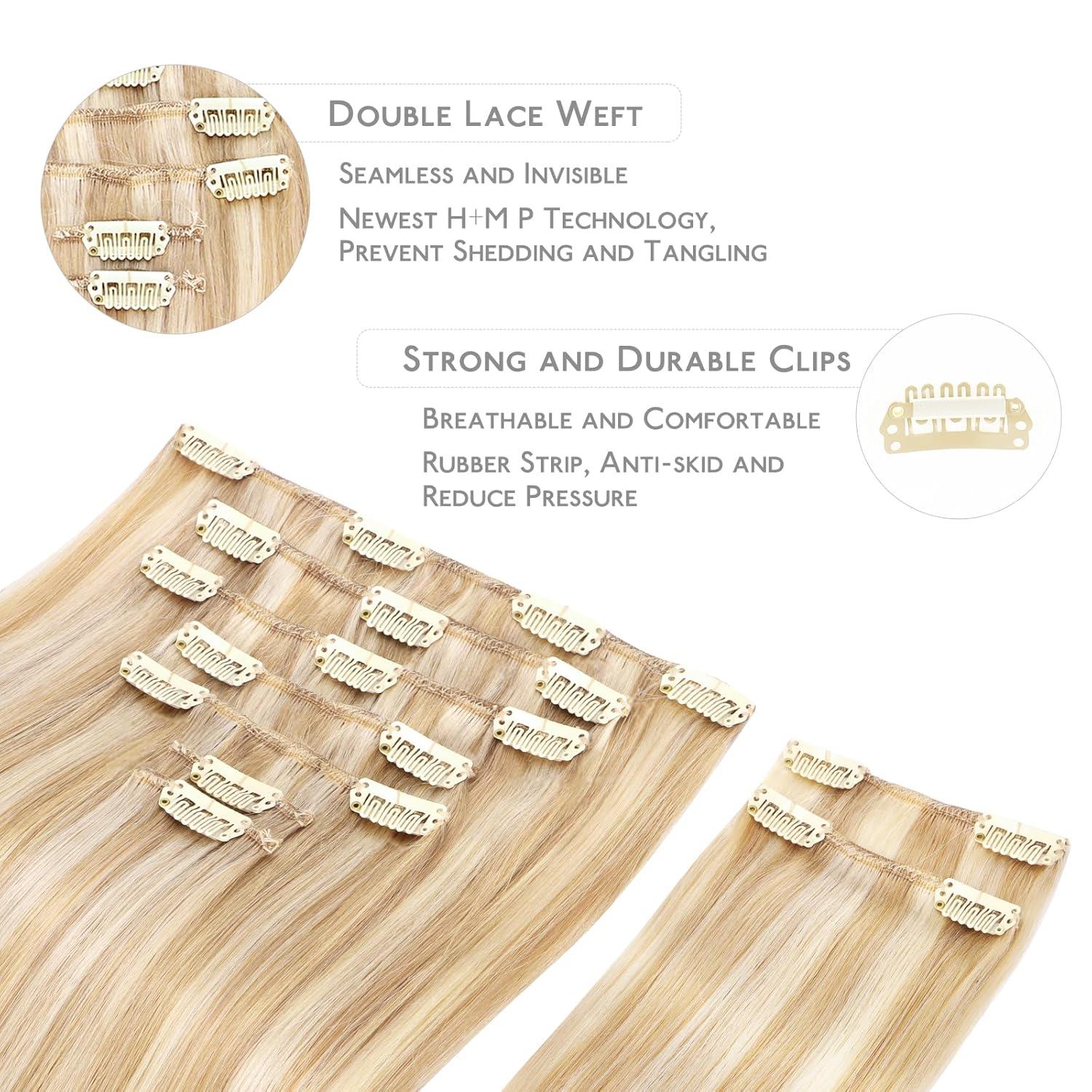 imageWENNALIFE Hair Extensions Clip In 9pcs 20inch 150g Dirty Blonde Highlighted Bleach Blonde Thicker Clip In Hair Extensions Real Human Hair Remy hair extension Double Weft Clip in Human Hair Extensions