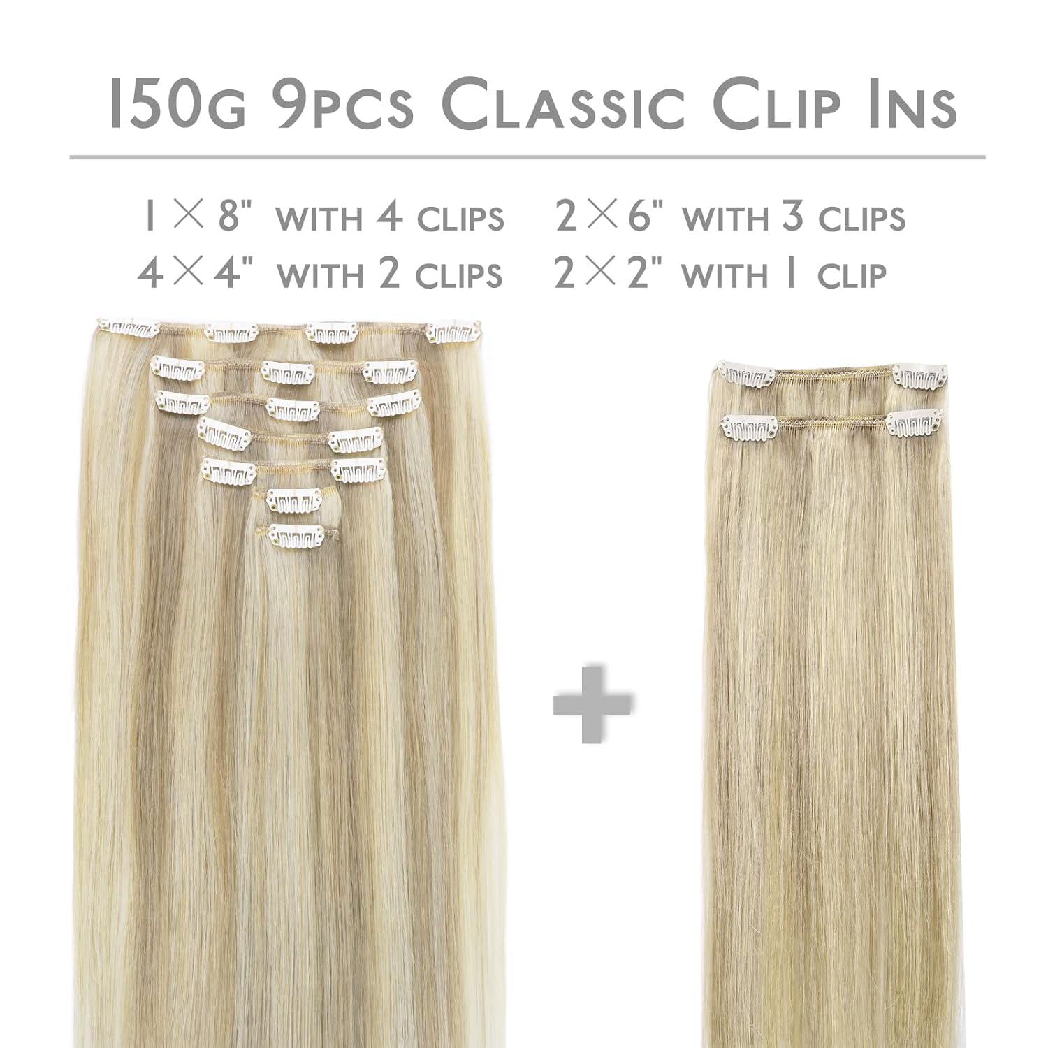 imageWENNALIFE Hair Extensions Clip In 9pcs 24inch 150g Ash Blonde Highlighted Platinum Blonde Thicker Clip In Hair Extensions Real Human Hair Remy hair extension Double Weft Clip in Human Hair Extensions