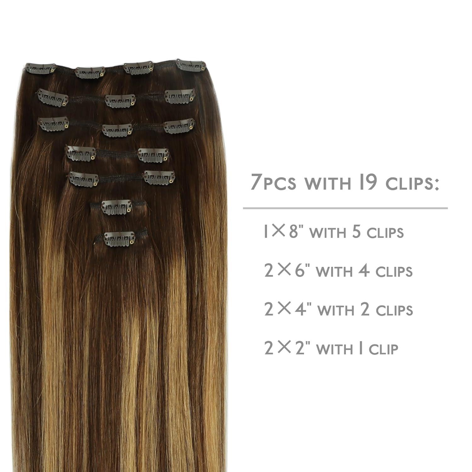 imageWENNALIFE Real Human Hair Extensions 14 Inch 120g 7pcs Balayage Chocolate Brown to Caramel Blonde