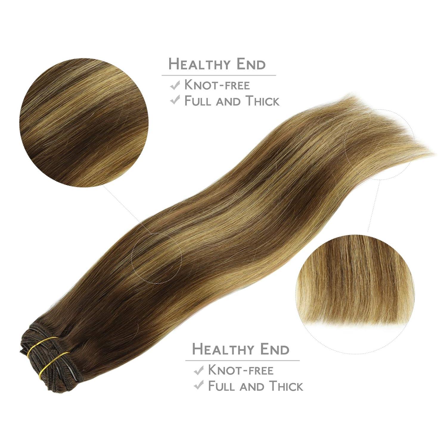 imageWENNALIFE Real Human Hair Extensions 14 Inch 120g 7pcs Balayage Chocolate Brown to Caramel Blonde