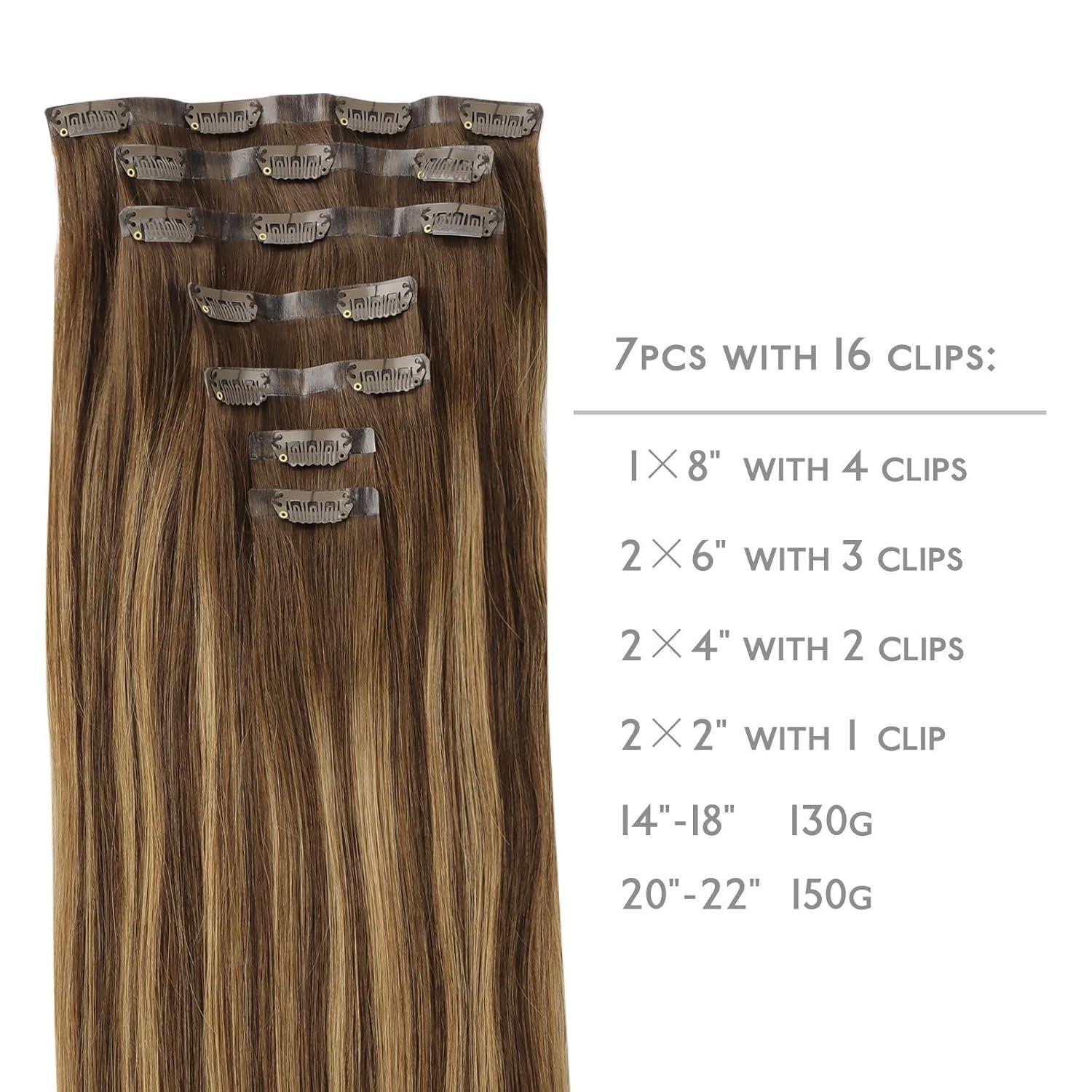imageWENNALIFE Seamless Clip In Hair Extensions 14 Inch 130g 7pcs Balayage Chocolate Brown to Caramel Blonde Hair Extensions Clip in Human Hair Invisible PU Skin Weft Natural Remy Human Hair Extensions