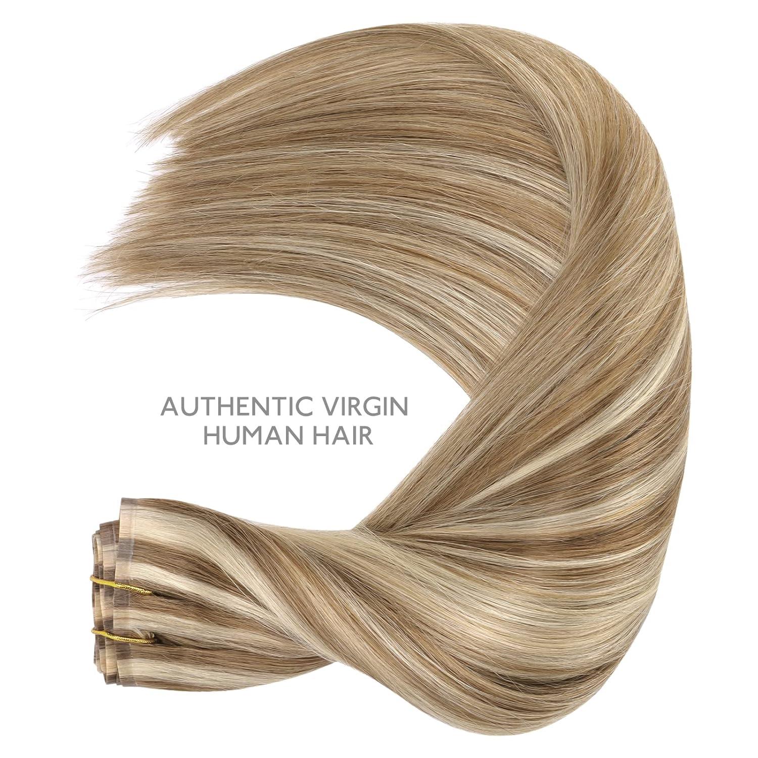 imageWENNALIFE Seamless Clip In Hair Extensions 14 Inch 7pcs 130g Ash Brown with Platinum Blonde Highlights Hair Extensions Clip In Real Human Hair Extensions Invisible PU Weft Hair