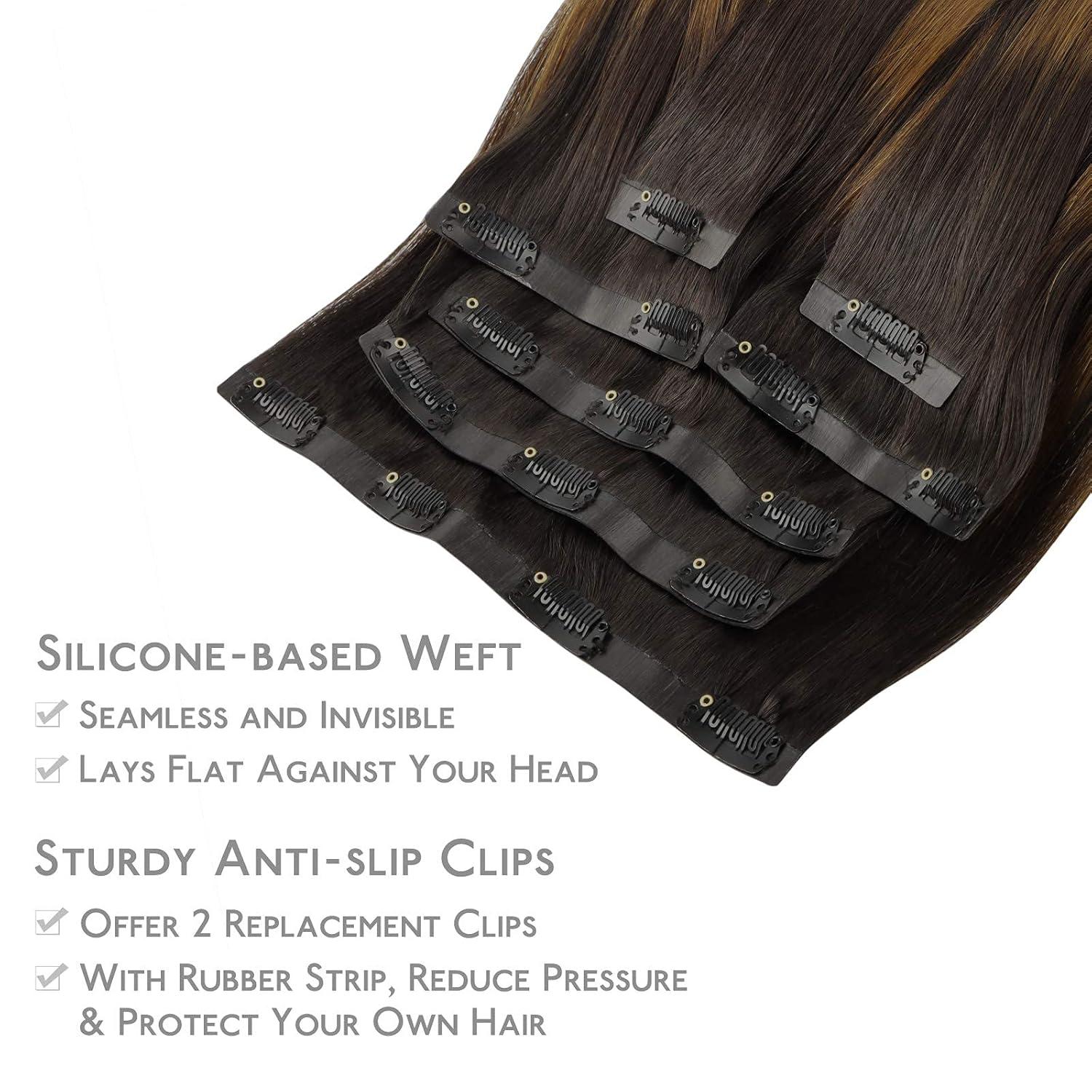 imageWENNALIFE Seamless Clip In Hair Extensions 16 Inch 130g 7pcs Balayage Dark Brown to Chestnut Brown Hair Extensions Clip in Human Hair Invisible PU Skin Weft Natural Remy Human Hair Extensions