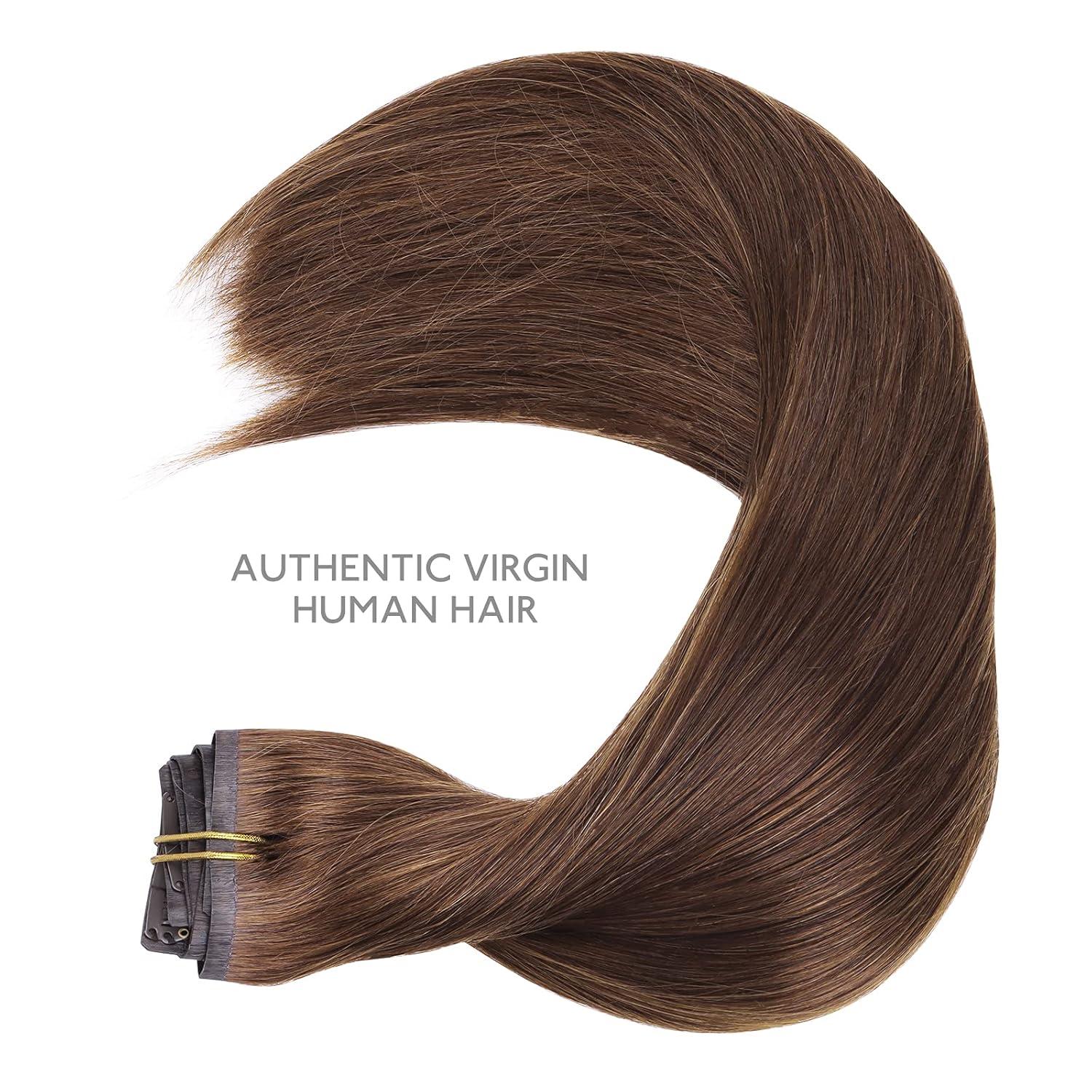 imageWENNALIFE Seamless Clip In Hair Extensions 16 Inch 130g 7pcs Chocolate Brown Hair Extensions Clip in Human Hair Invisible PU Skin Weft Natural Remy Human Hair Extensions