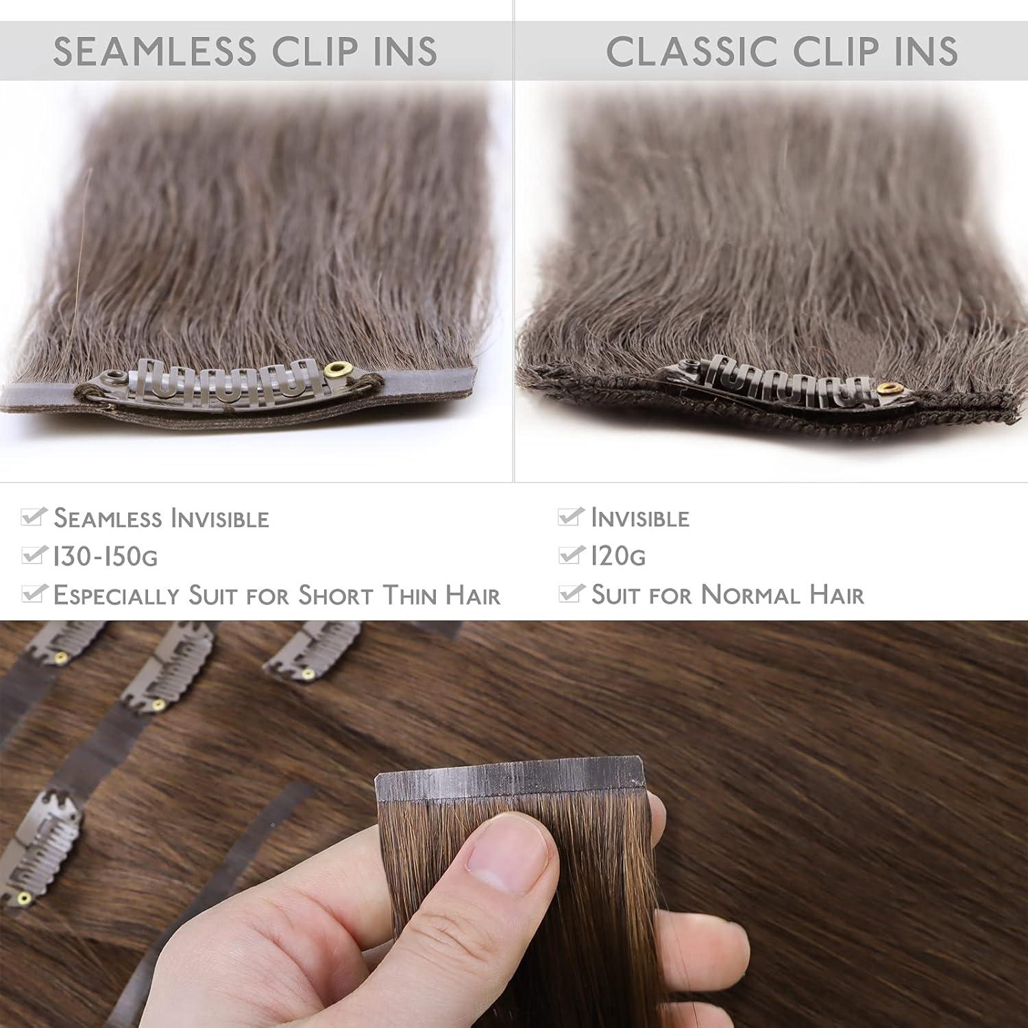 imageWENNALIFE Seamless Clip In Hair Extensions 16 Inch 130g 7pcs Chocolate Brown Hair Extensions Clip in Human Hair Invisible PU Skin Weft Natural Remy Human Hair Extensions